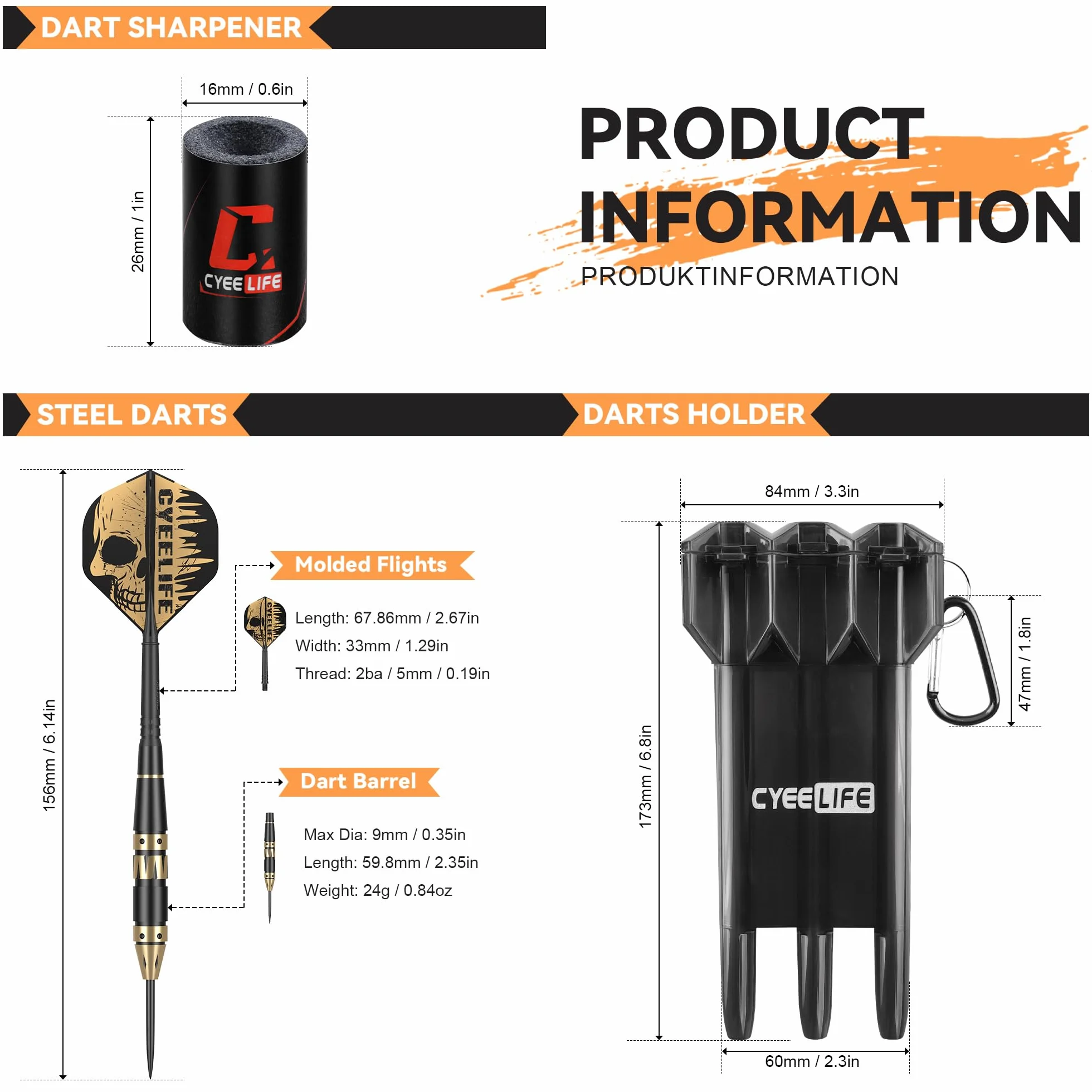 CyeeLife Flechette Pointe Acier 24g Barrels en Laiton Set de fléchettes avec Flights Aiguiseur Coffret