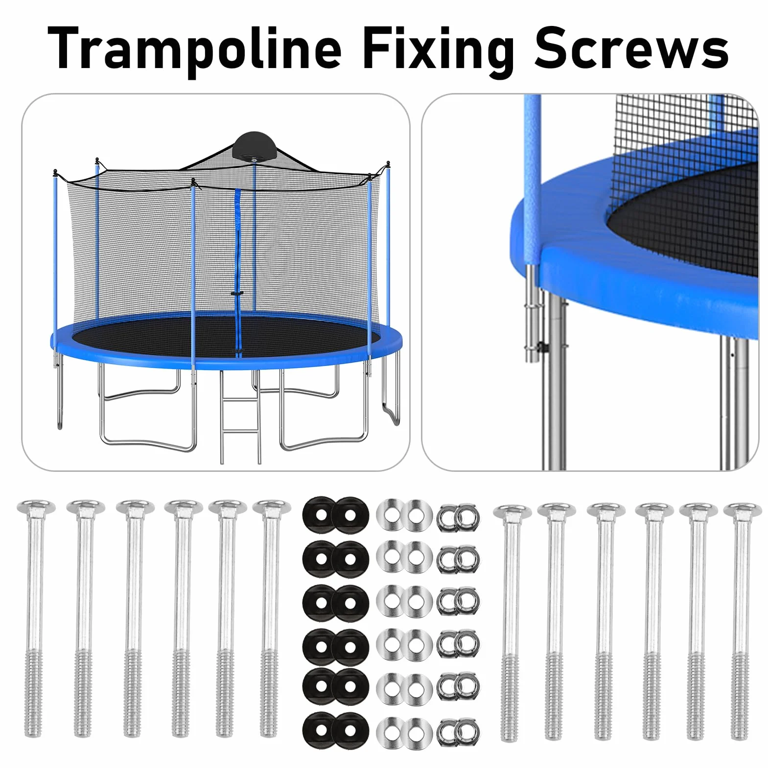 Lot de 12 Vis Trampoline avec Écrous Rondelles Capuchons, Accessoires Fixation Sécurisée Pièces Détachées Résistantes Jardin Extérieur
