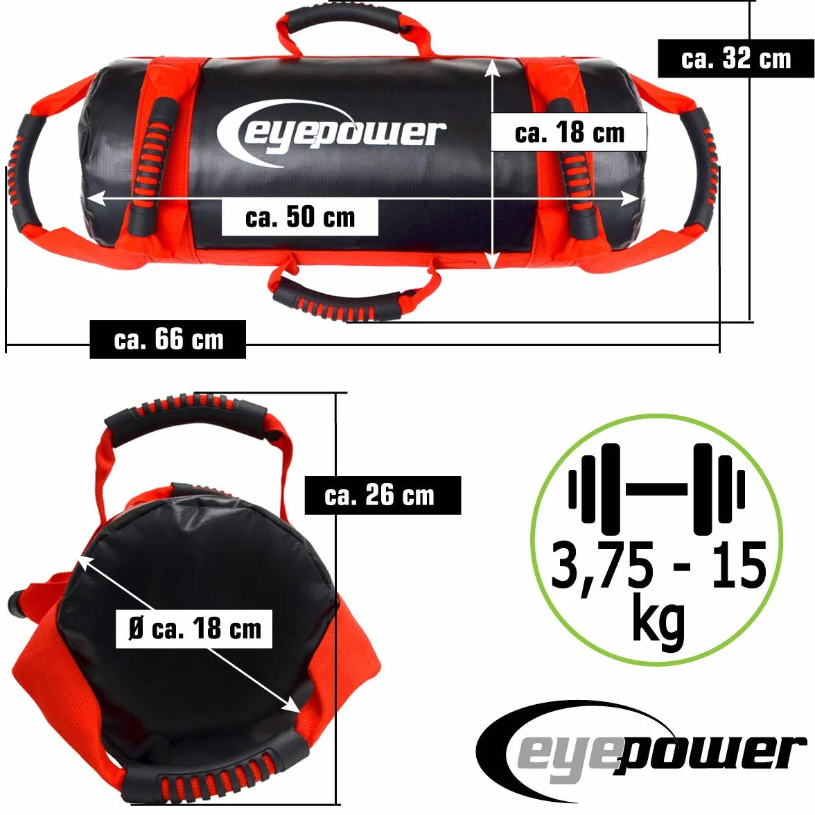 EYEPOWER Power Bag de Musculation 3,75-15kg 18x50cm Sac de Sable