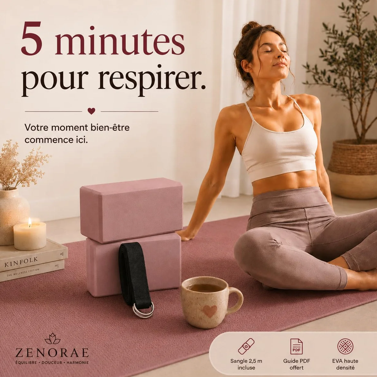 Kit Yoga ZENORAE – 2 Blocs EVA Haute Densité + Sangle Coton 2,5m – Briques Antidérapantes