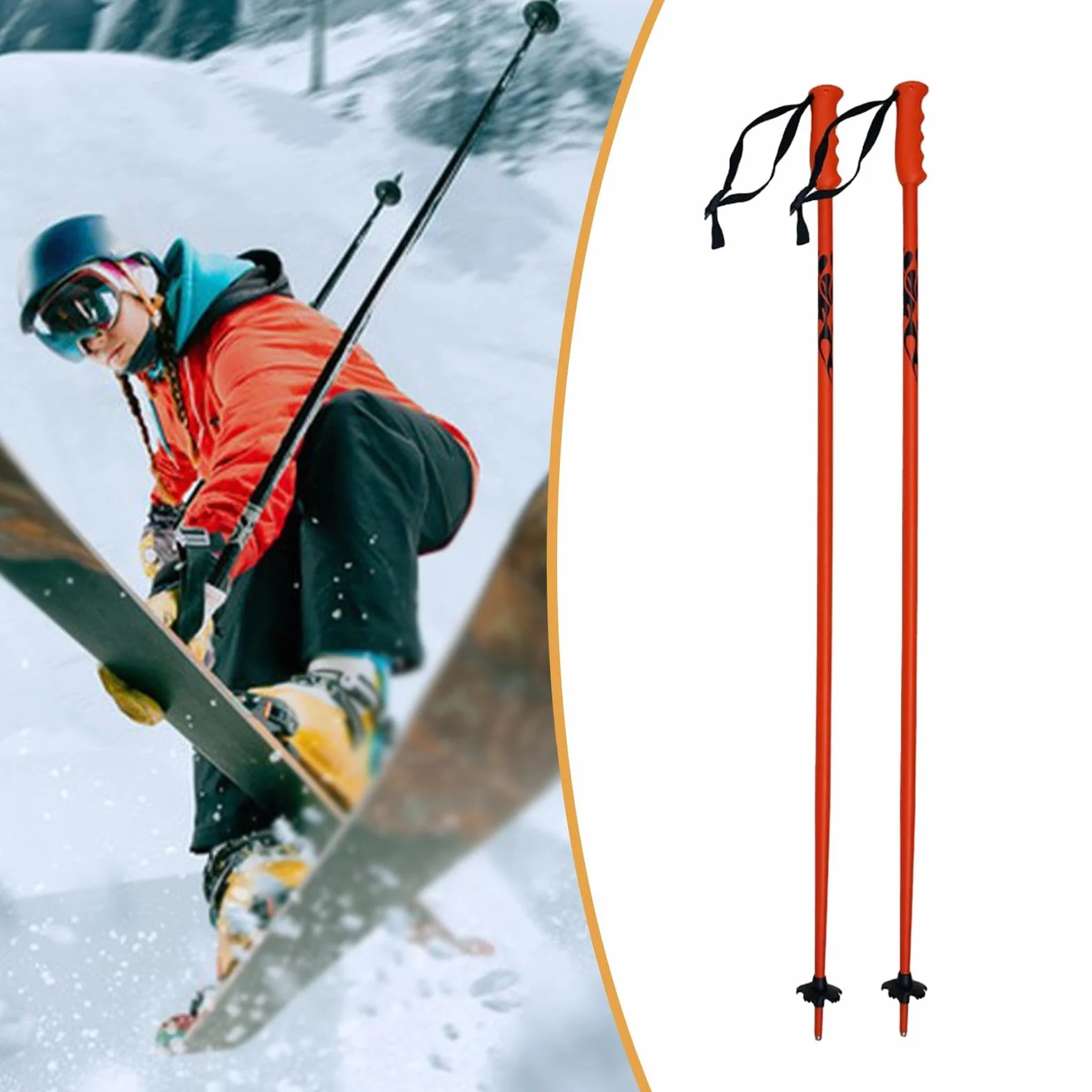 Bâtons de Ski Aluminium Monobloc Lot de 2, Équipement Ski Extérieur Polyvalent, Orange Fluorescent