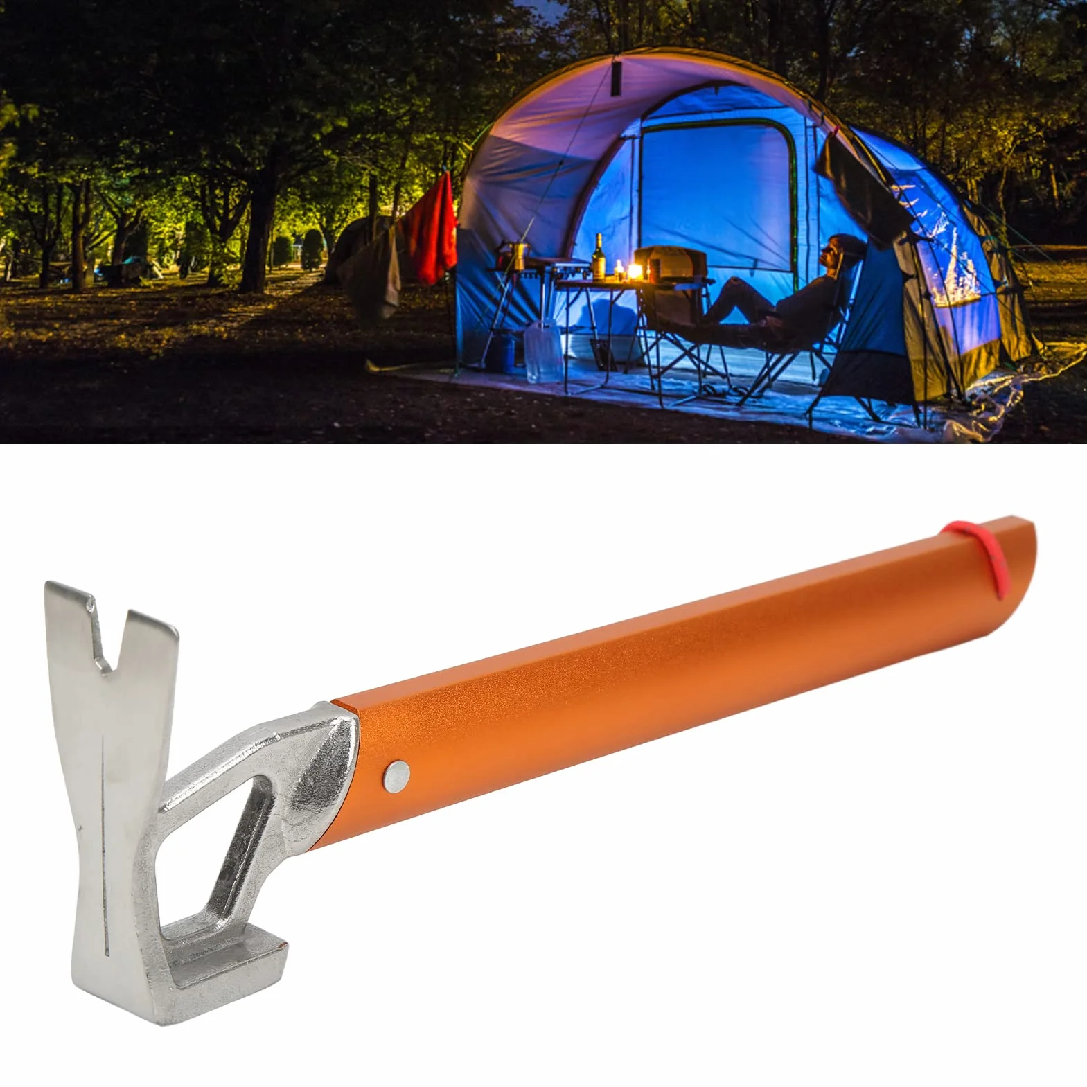Marteau à piquets pour Tente de Camping en Plein air Multifonctionnel, poignée en Alliage d’Aluminium, tête en Acier Carbone, extracteur de piquets Orange