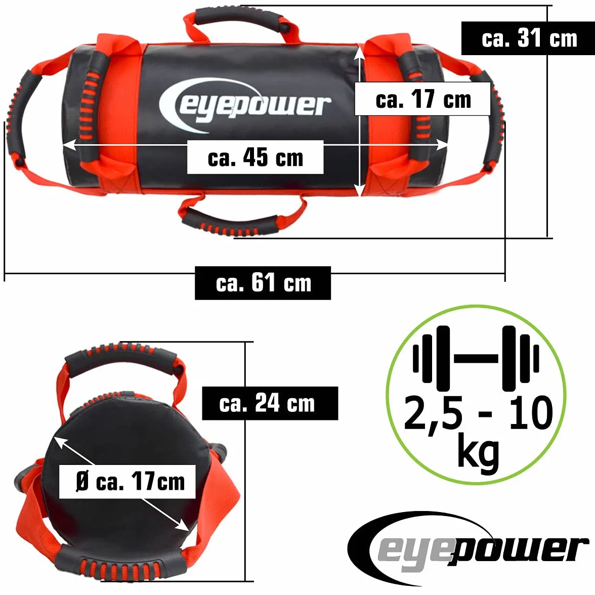 EYEPOWER 2,5-10kg Power Bag de Musculation 17x45cm Sac de Sable Sandbag Rouge