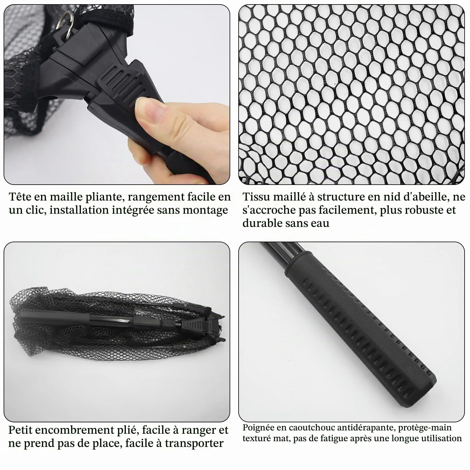 Épuisette de Pêche Pliable, Épuisette Pêche Pliable avec Poignée Télescopique, Longueur Réglable pour Kayak Salmon Chat Basse Étang et Piscine (Noir)