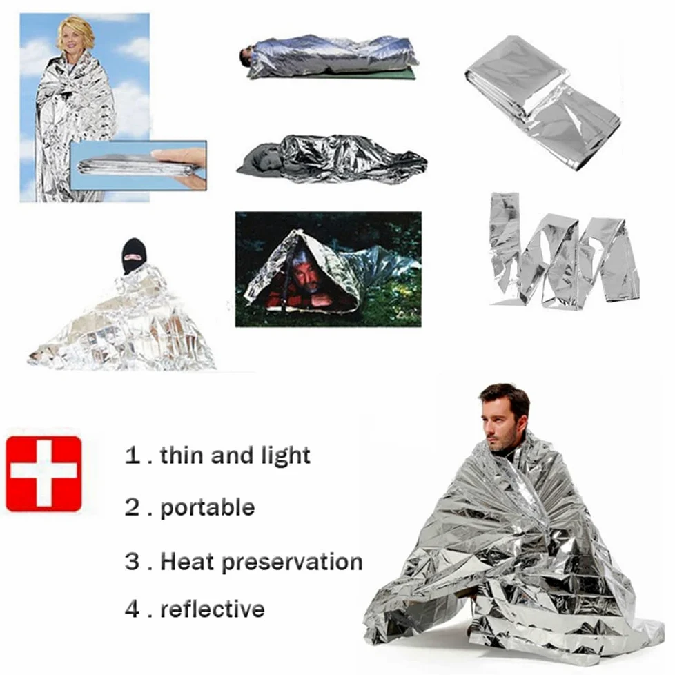 Couverture de survie d'urgence, sac de couchage, sac de couchage réfléchissant la chaleur, étanche PET pour la survie, le camping, la randonnée, le marathon, les premiers secours (5 pièces)