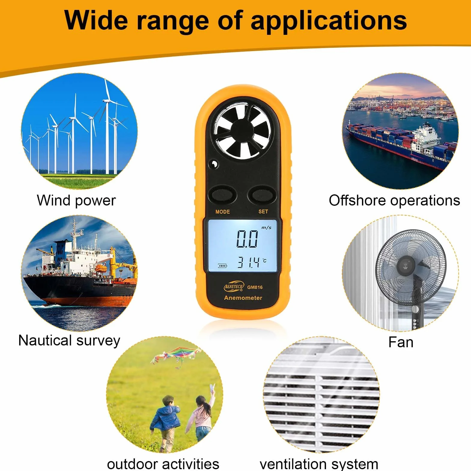 Anémomètre numérique portable vitesse du vent température refroidissement éolien drone voile surf pêche