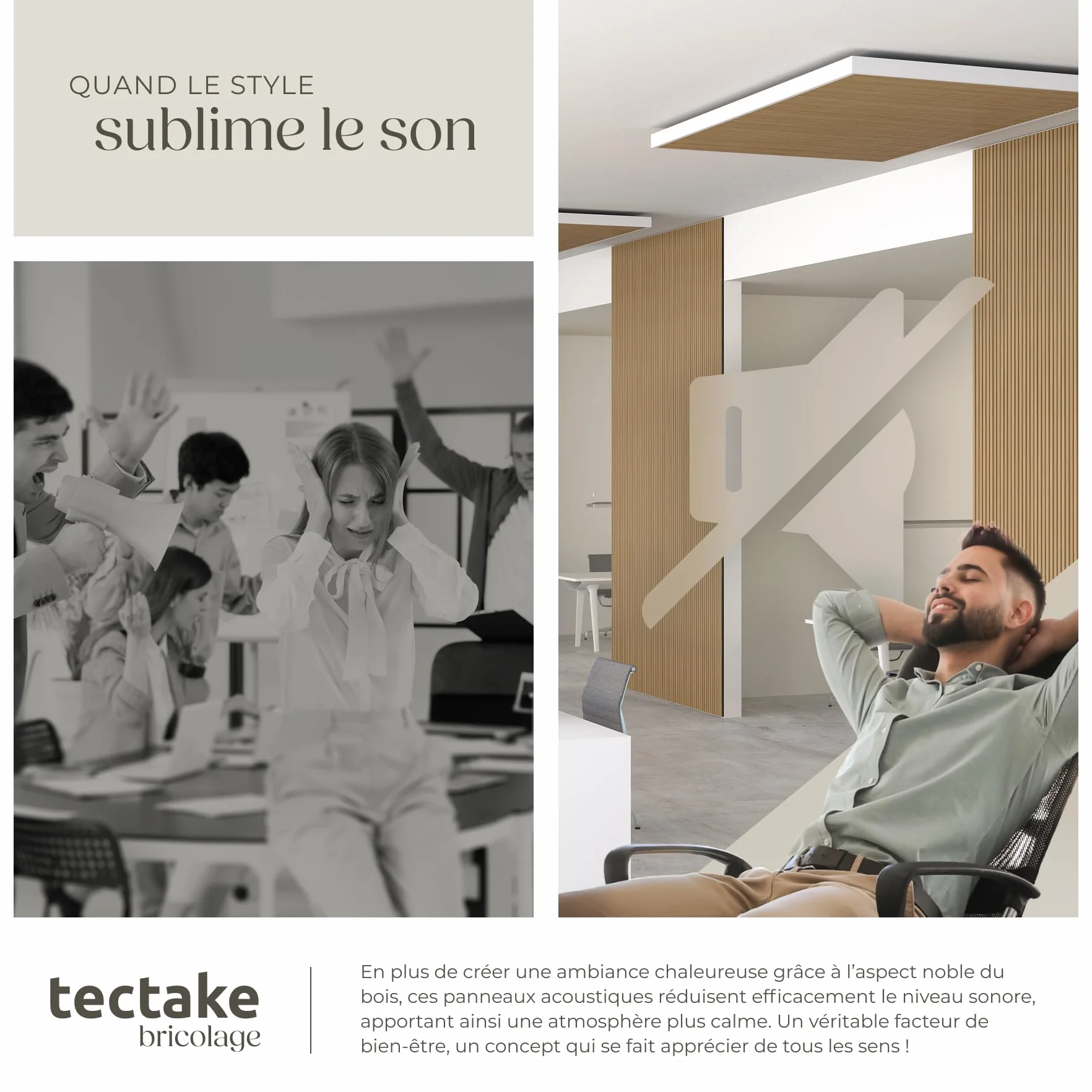 Tectake Lot de 2 panneaux acoustiques muraux MDF 120x60x2,1 cm isolation phonique décoration murale