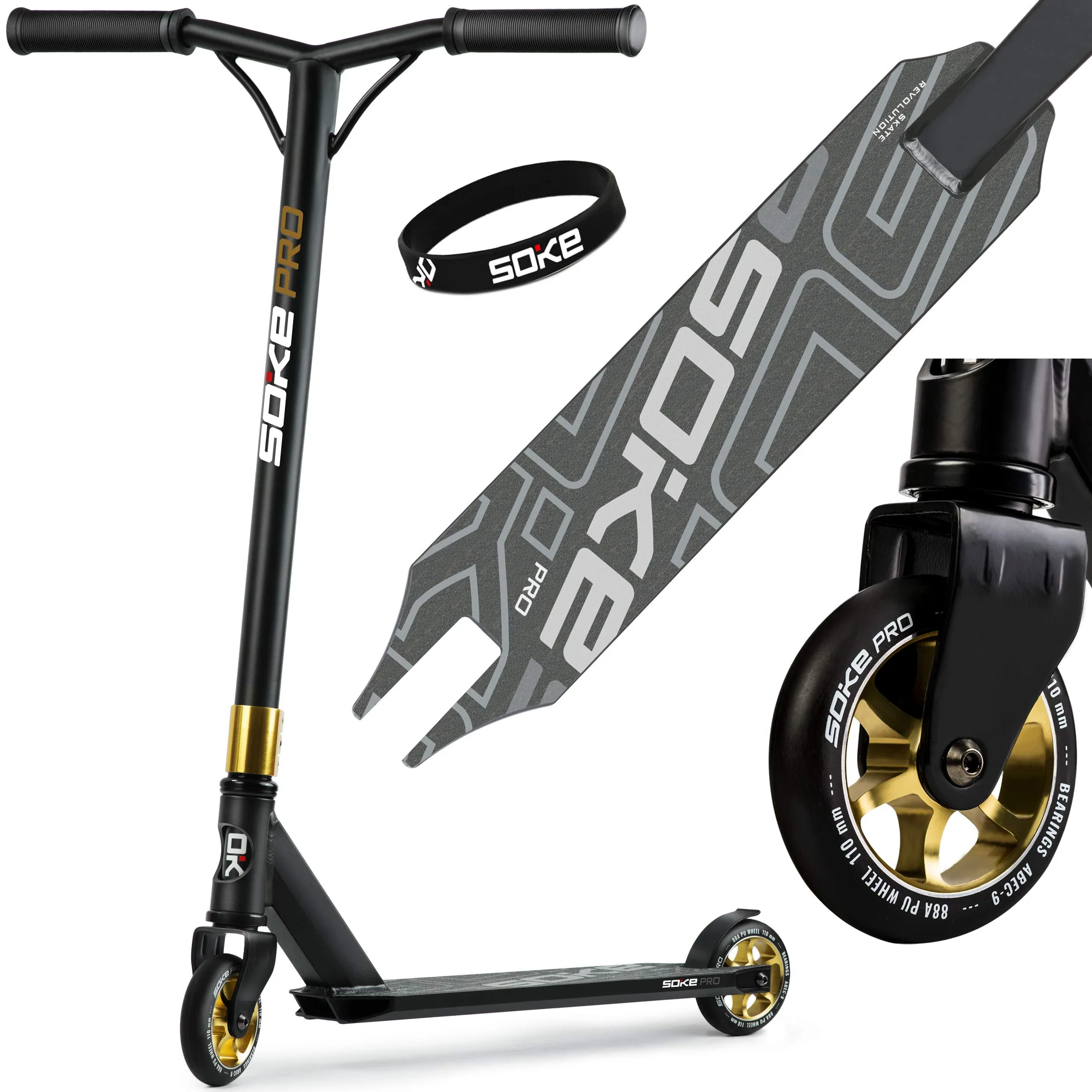 SOKE Stunt Scooter Pro Kick-Scooter avec roulement à Billes ABEC 9 Trottinette Trick pour Adultes et Enfants Deux Roues Freestyle Cityroller | 2 Roues | Capacité de Charge 100kg (Noir-Or)