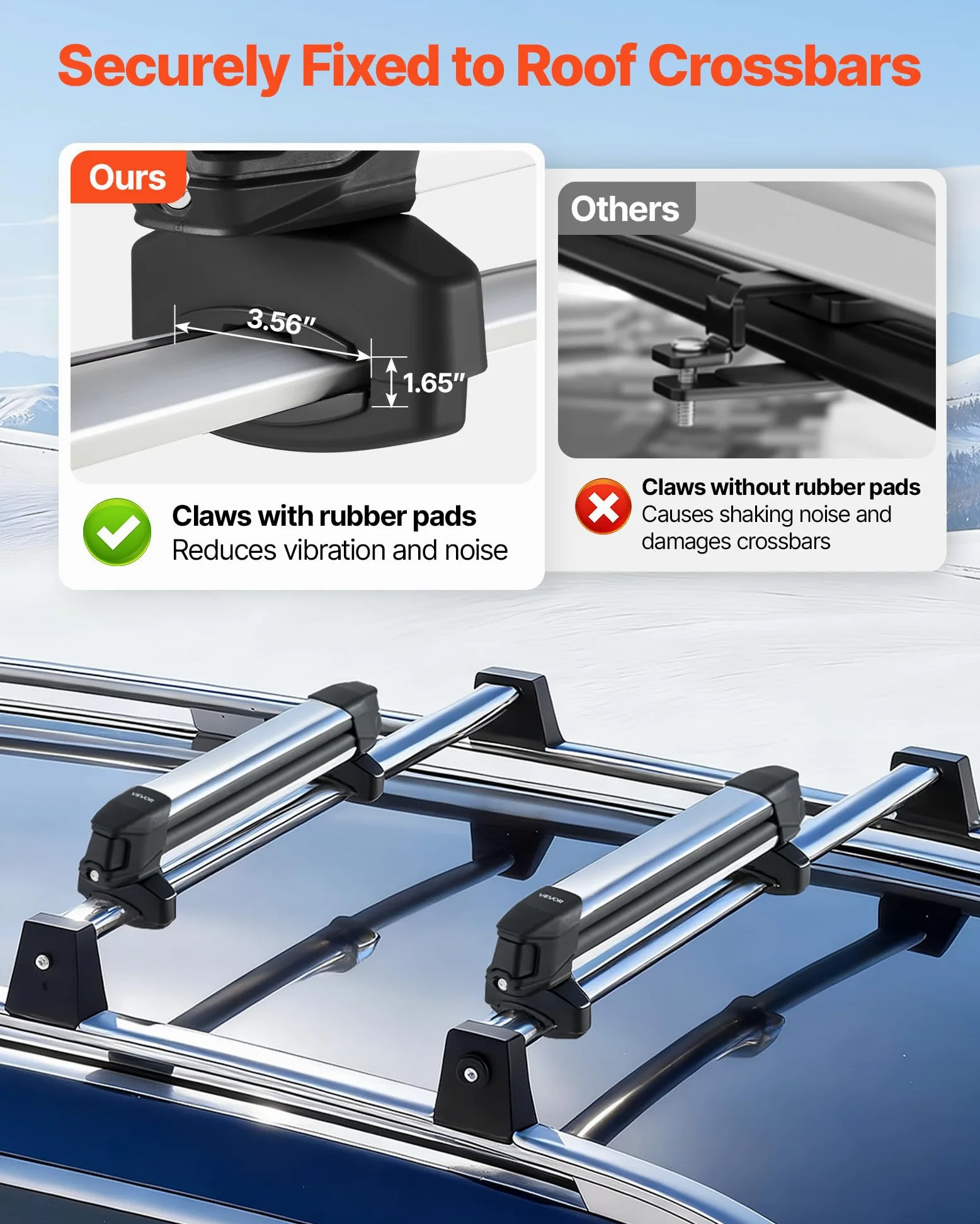 VEVOR Porte-skis sur barre de toit 465 mm, support pour planche à neige universel en aluminium avec verrou, capacité 4 paires de skis ou 2 planches, compatible avec la plupart des barres transversales