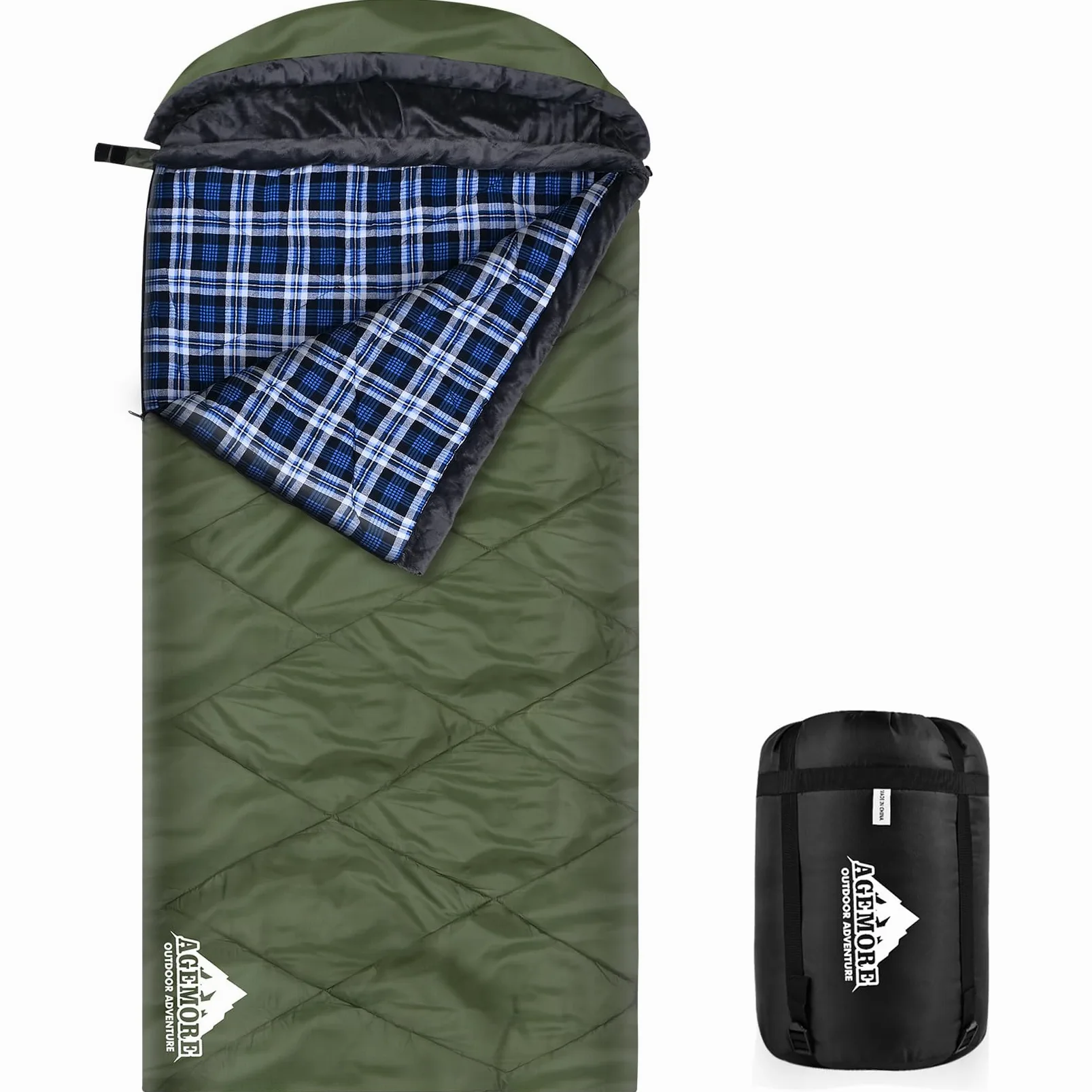 Sac de couchage en flanelle de coton avec capuche doublée en polaire, sac de couchage imperméable XL pour adultes, sac de couchage par temps froid, pour camping, randonnée ou randonnée, 3 à 4