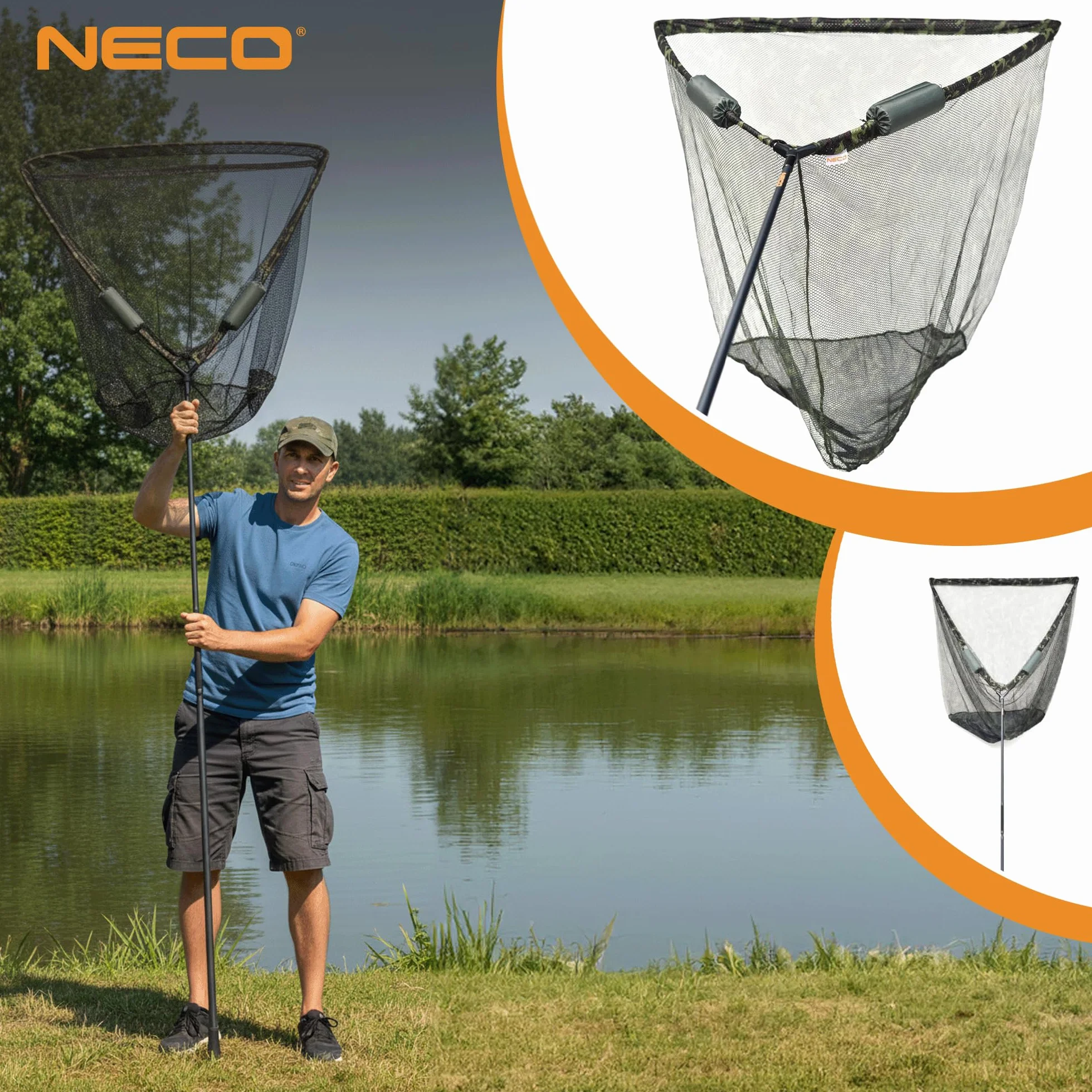 NECO Épuisette à Carpe 100x100 cm avec Flotteurs - Grand Filet Pliable et Léger avec Étui, Panier Profond pour la Pêche aux Poissons et Carpes (70202)