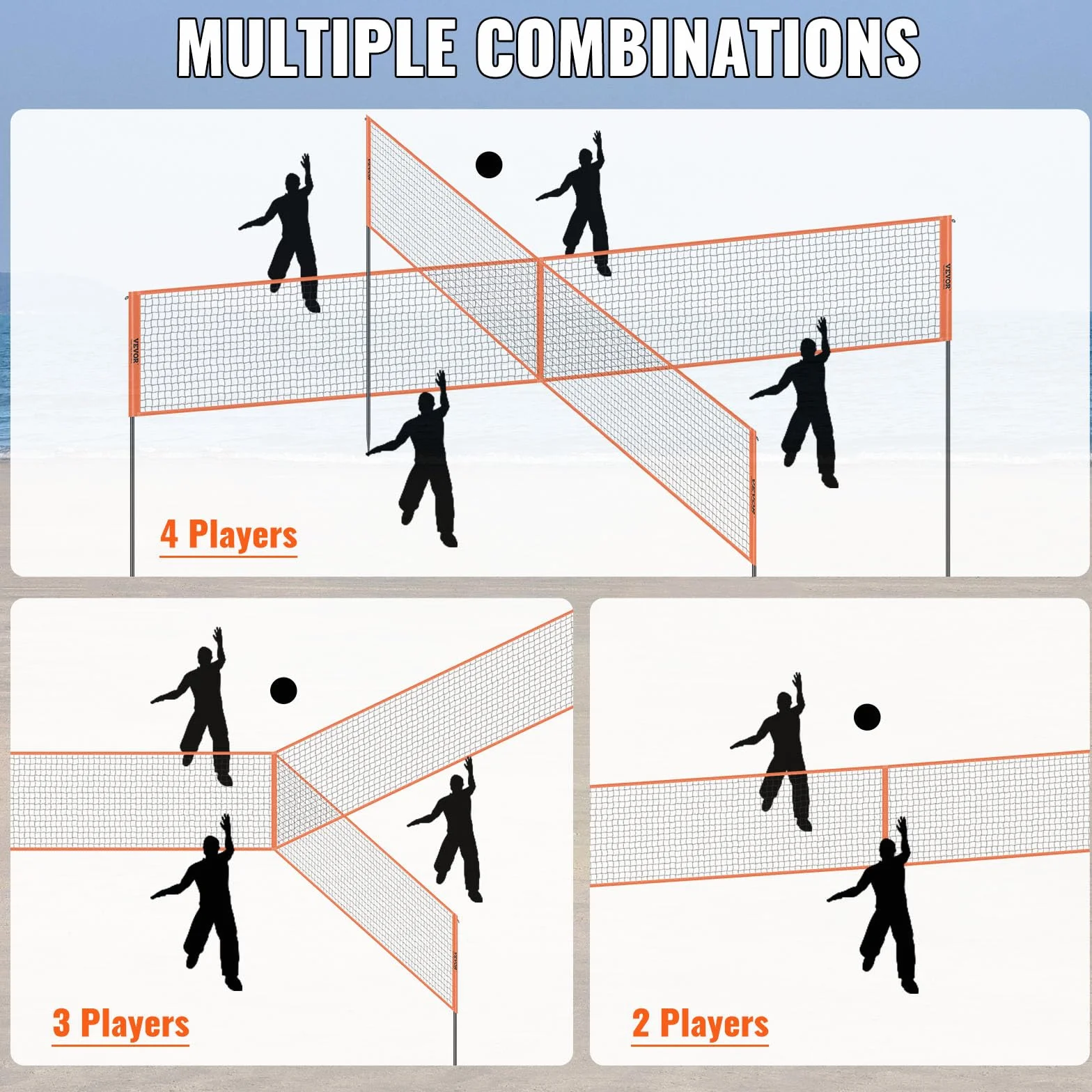 VEVOR Filet de Volleyball 4 Carrés, Ensemble de Filet de Badminton Réglable, Portable avec Sac de Transport