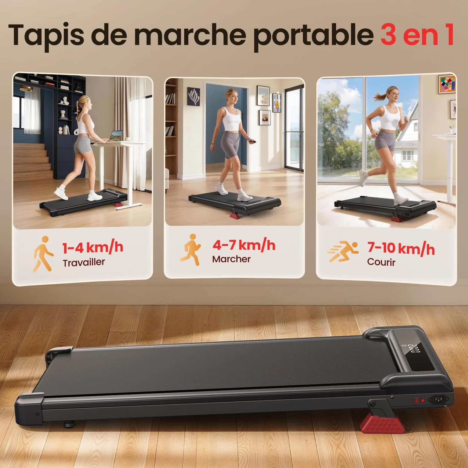 Tapis de Course 3 en 1 Pente 7% 8 km/h 2,5 CV Charge 130 kg Écran LCD