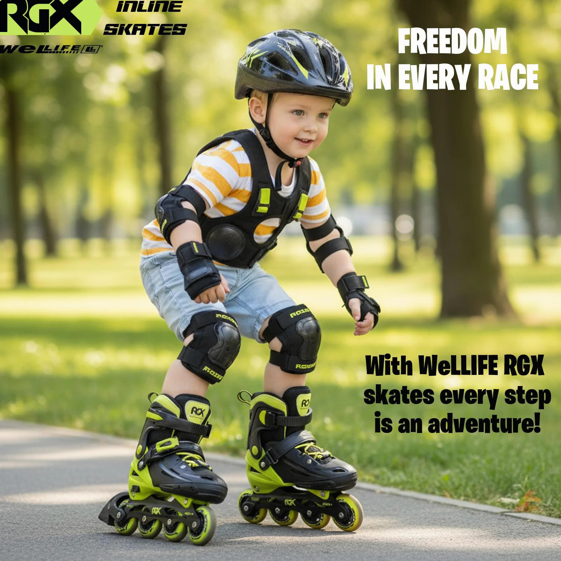 WeLLIFE RGX Patins en ligne réglables pour enfants et adolescents 4 tailles | Double configuration des roues pour débutants | Coque rigide et doublure en velours | plaque aluminium | roulements ABEC-7