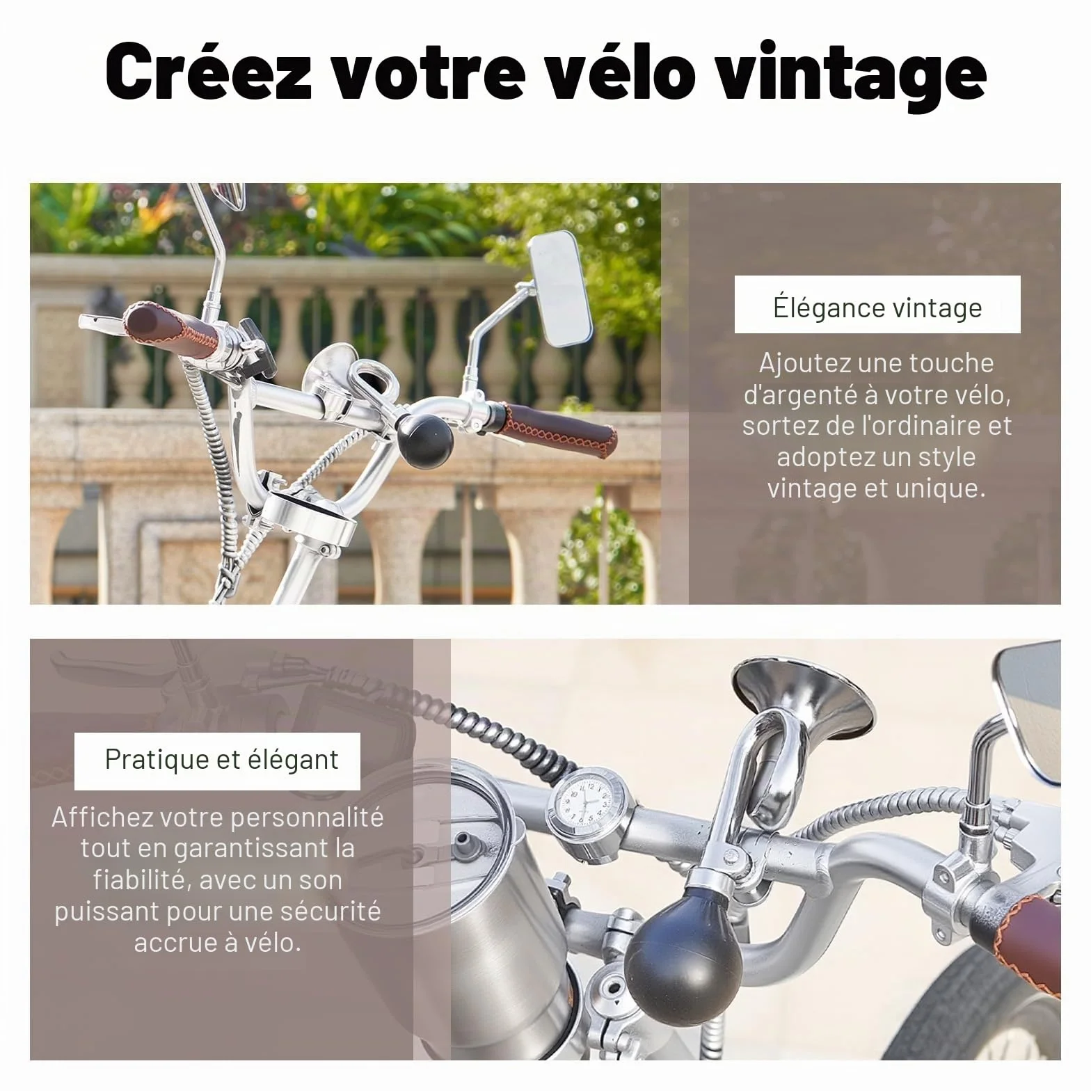 Klaxon de Vélo Rétro en Metal, Trompette Vélo Classique Noir, Design Rétro Métal Squeeze Bugle Klaxon, Avertisseur Sonore Bulb Klaxon de Bicyclette, avec Collier de Serrage Réglable