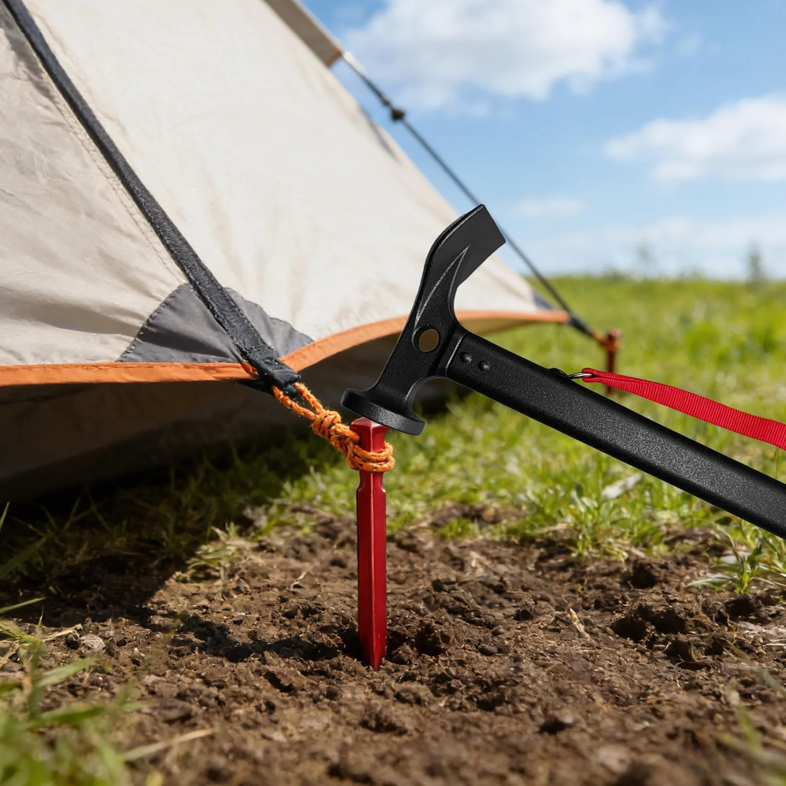 Marteaux de camping avec 10 piquets de tente : marteau de camping en aluminium robuste, facile à transporter, marteau de tente multifonctionnel, sac de rangement, pour le camping en plein
