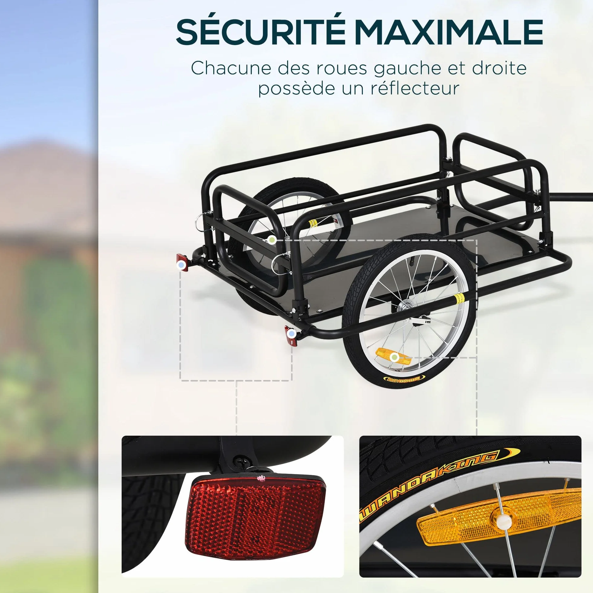 HOMCOM Remorque vélo transport 70L 139x71,5x49 cm Barre attelage Universelle Acier Noir