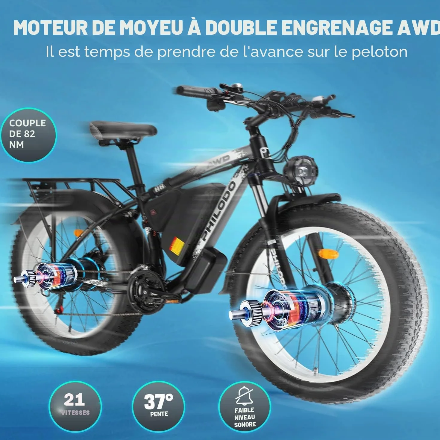 Vélo électrique pour Adultes 26x4 pouces Fat Tire 48V 17.5Ah Batterie Amovible 21 Vitesses Suspension Avant Frein à Disque Hydraulique