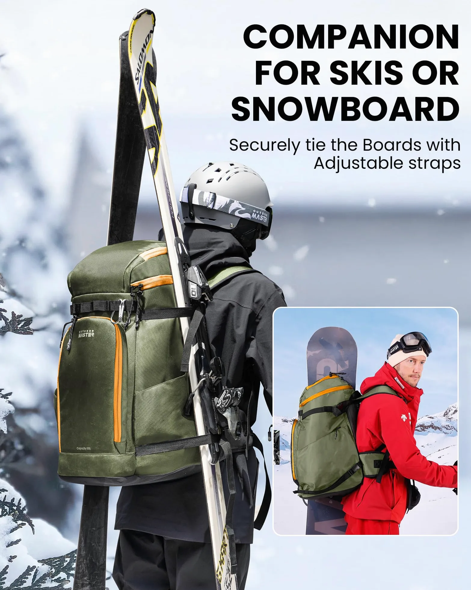 OutdoorMaster Sac à Chaussures de Ski, 65 L - Sac à Dos de Voyage pour Casque, Chaussures de Ski, Lunettes, Gants et Accessoires | Extérieur et Fond imperméables