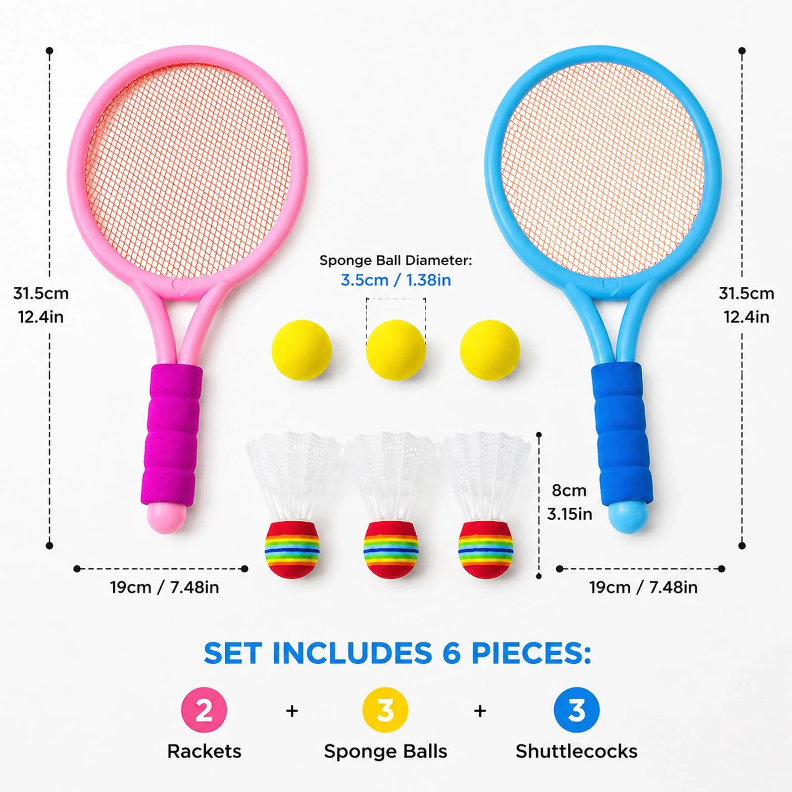 Federball Set Kinder mit 3 Badmintonbälle und 3 Tennisbälle, Tennisschläger Badminton Raquette Spielzeug