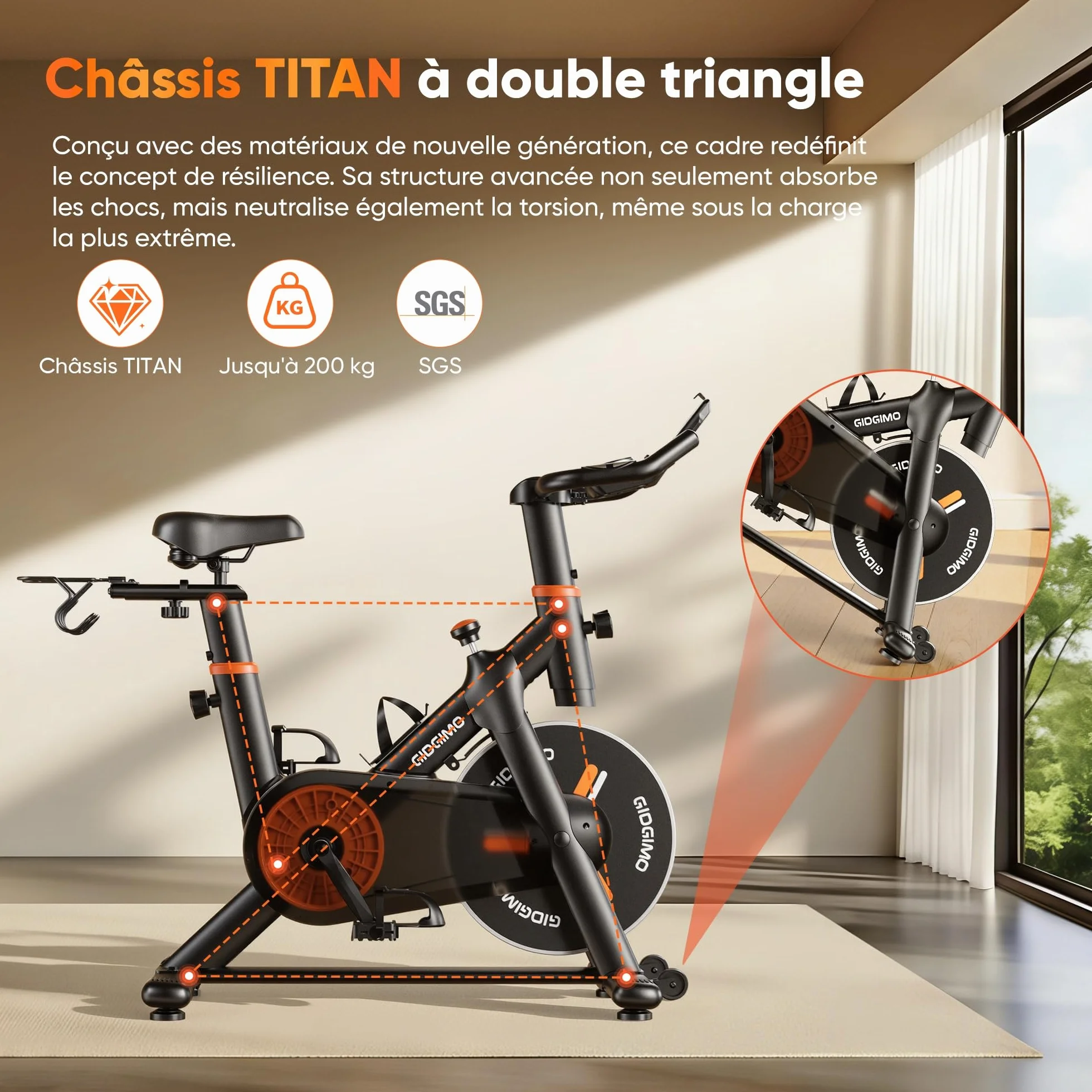 GIDGIMO Vélo Spinning d’Intérieur avec Résistance Réglable, Écran LCD, Charge Maximale 200 kg