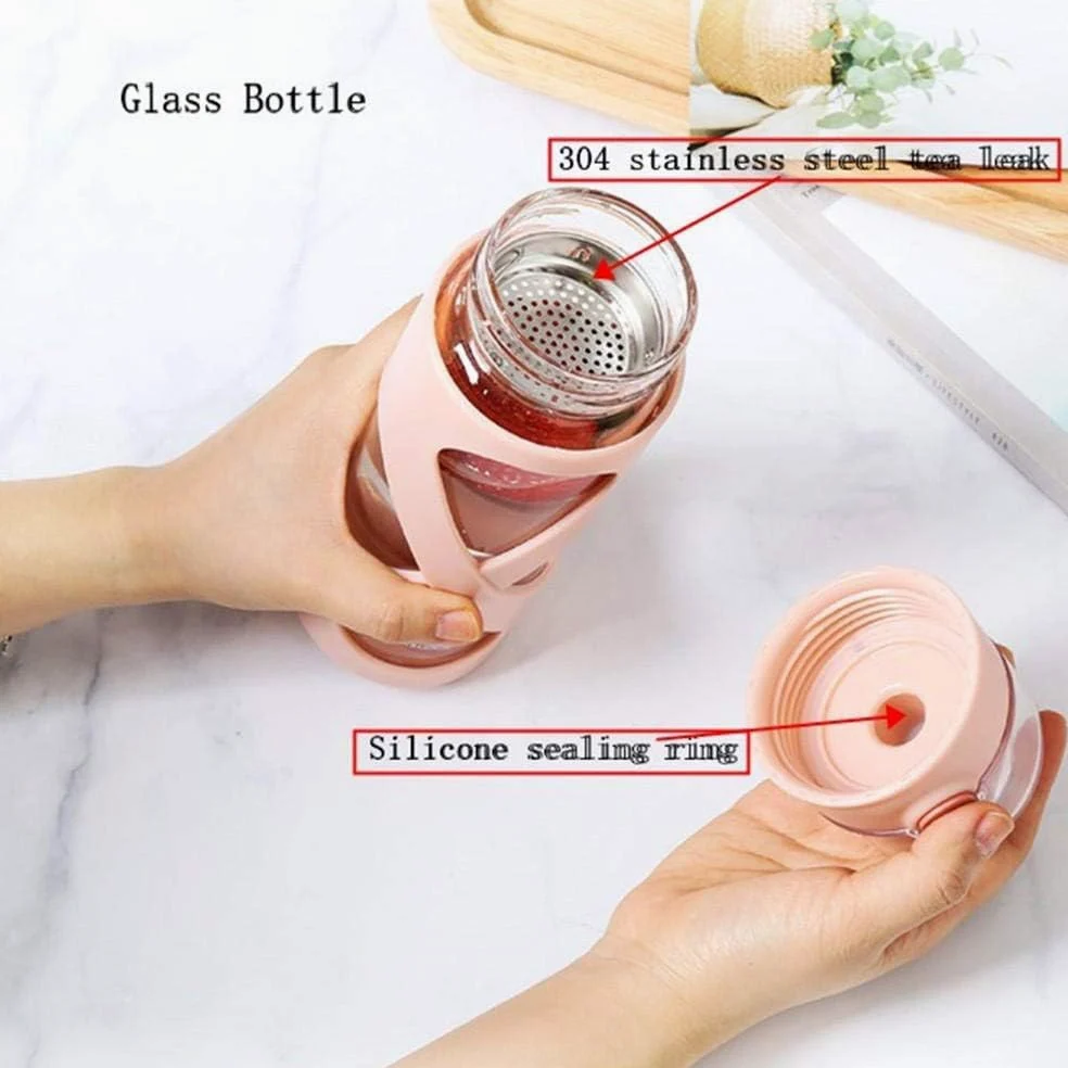 Bouteille d'eau en verre avec manchon en silicone antidérapant, anti-fuite, sans BPA, respectueux de l'environnement pour boissons chaudes et froides, idéale pour l'école, la maison, le bureau, les
