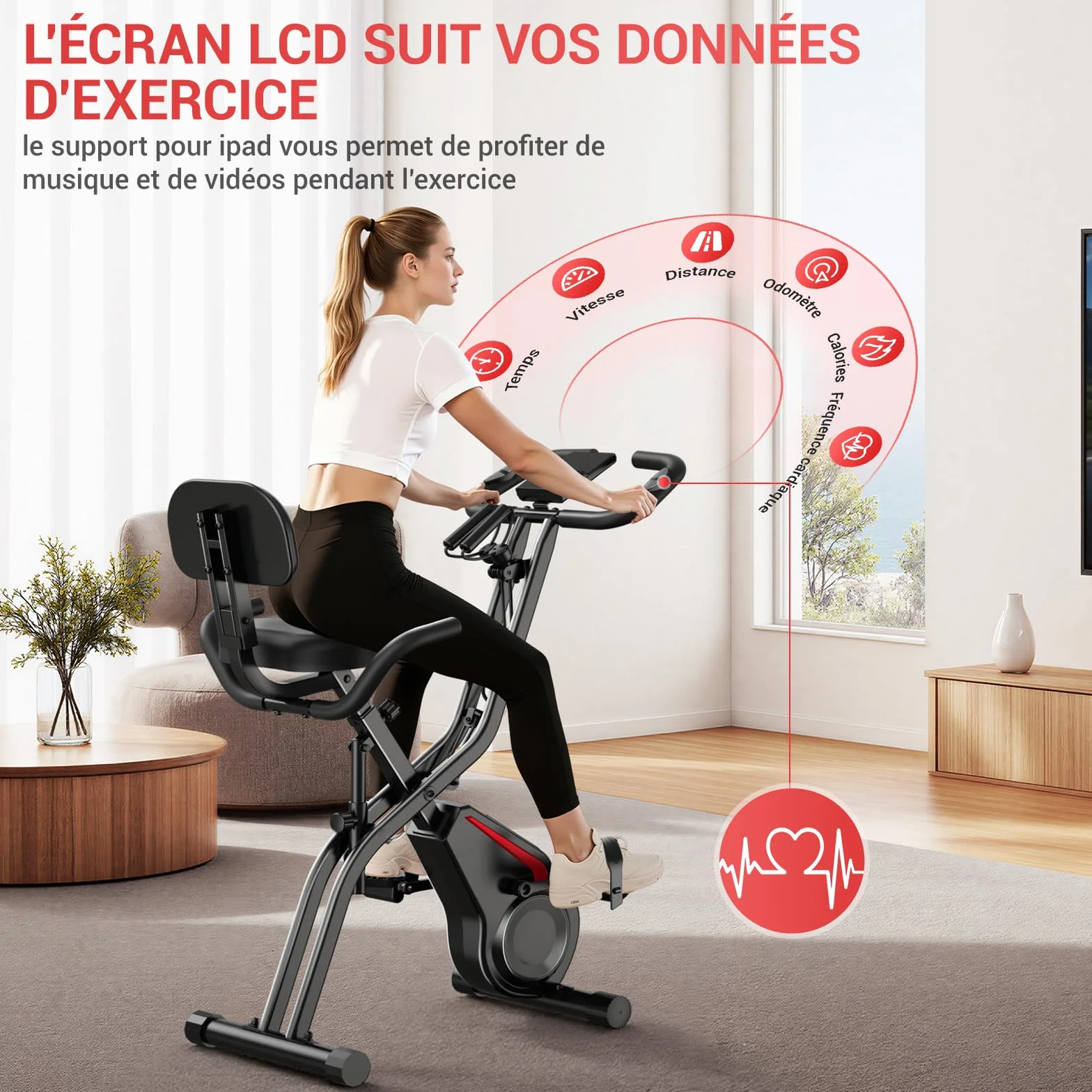 Vélo d'appartement pliable CURSOR 5-en-1, résistance silencieuse 16 niveaux, écran LED, cardiofréquencemètre