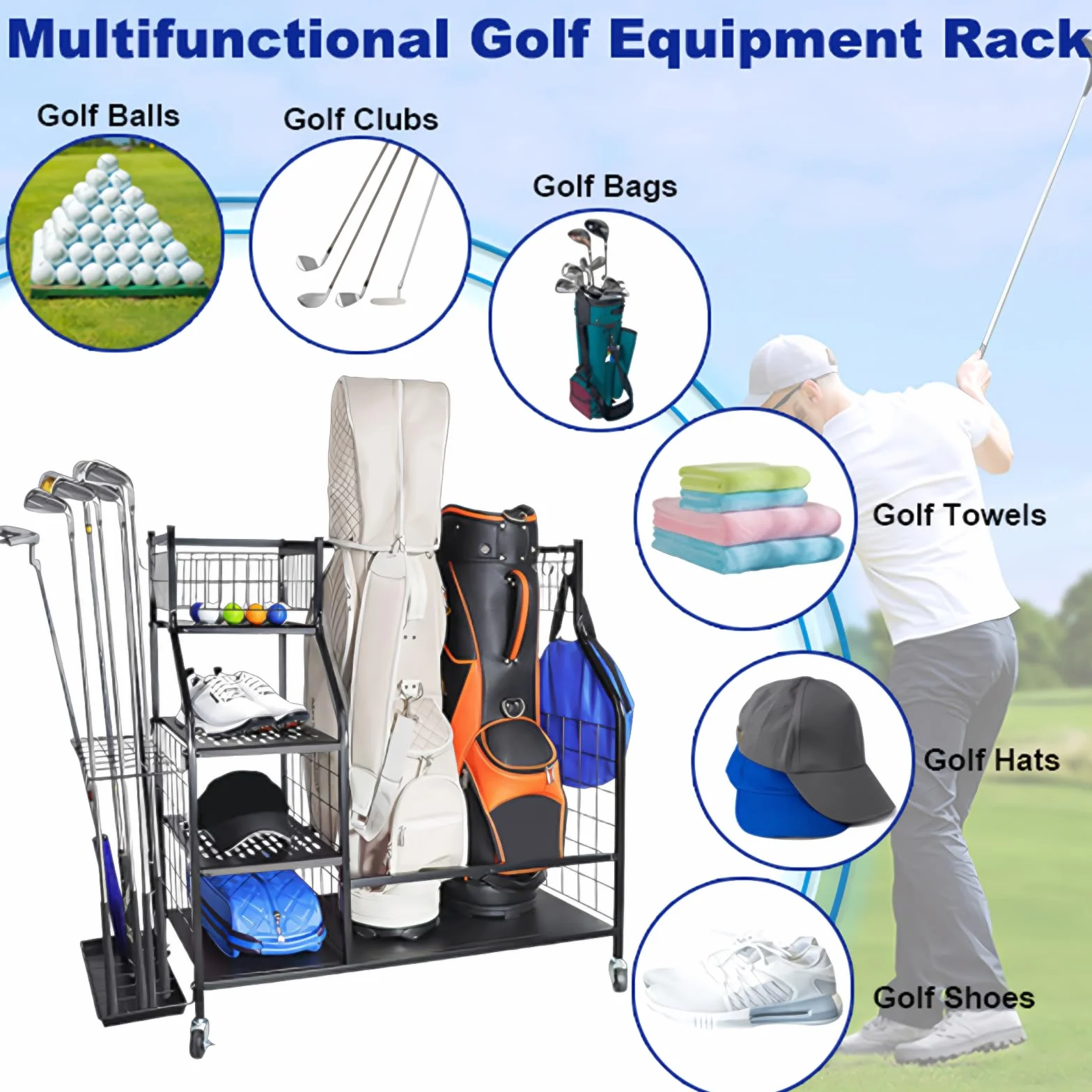Support de rangement pour sacs de golf avec roues verrouillables
