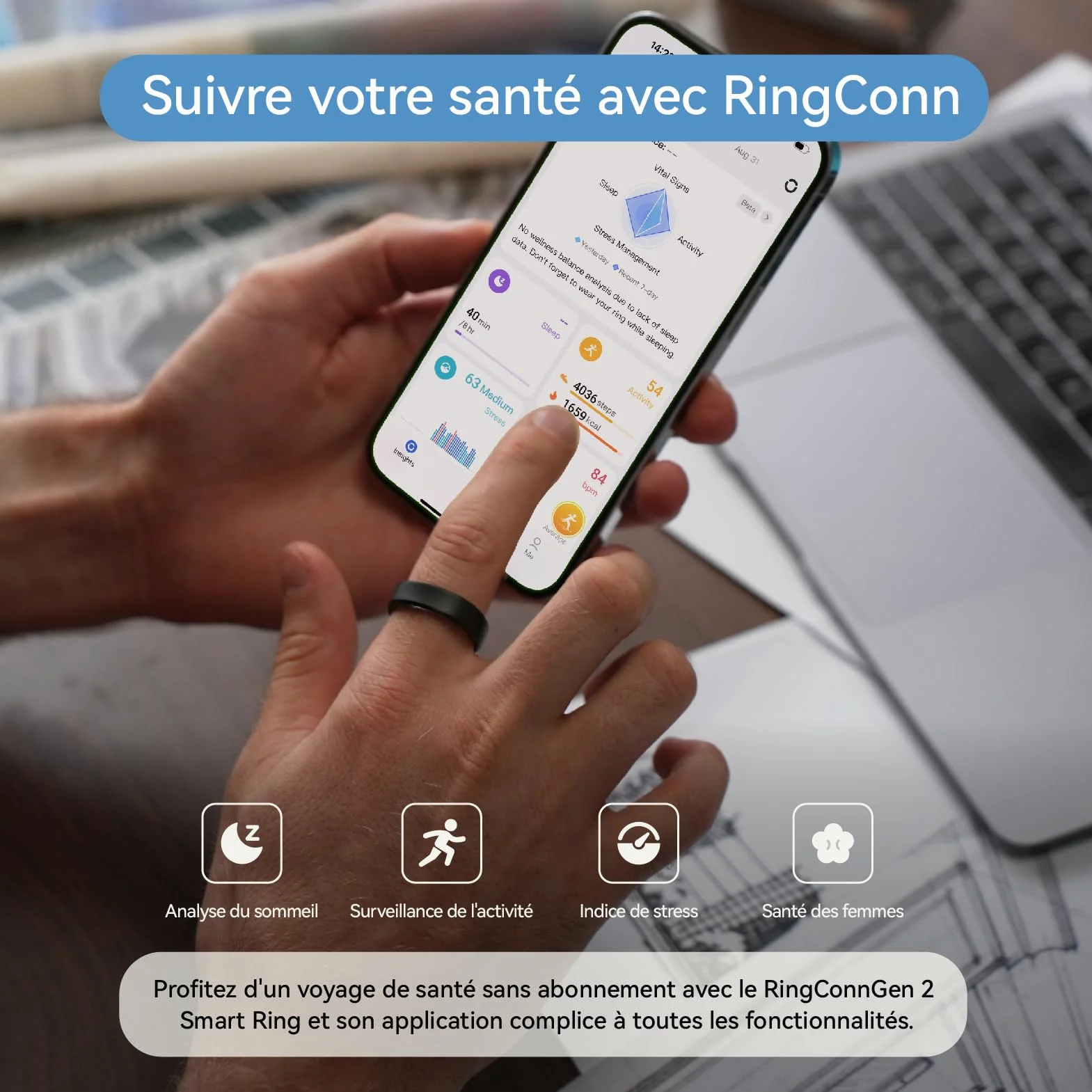 RingConn Gen 2 Smart Ring Suivi Apnée Sommeil 12 Jours Autonomie Argent Taille 8
