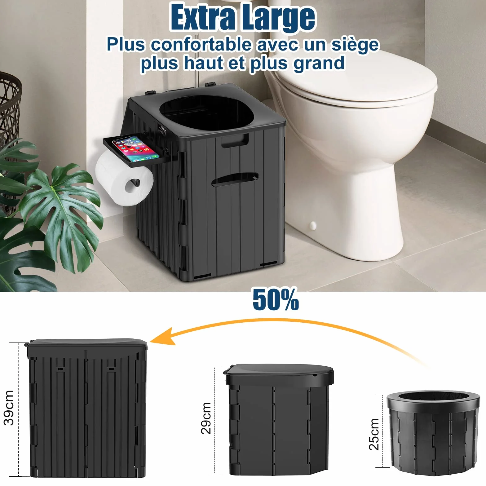 WADEO Toilettes de Camping Portables Pliables pour Adultes avec Urinateur Noir