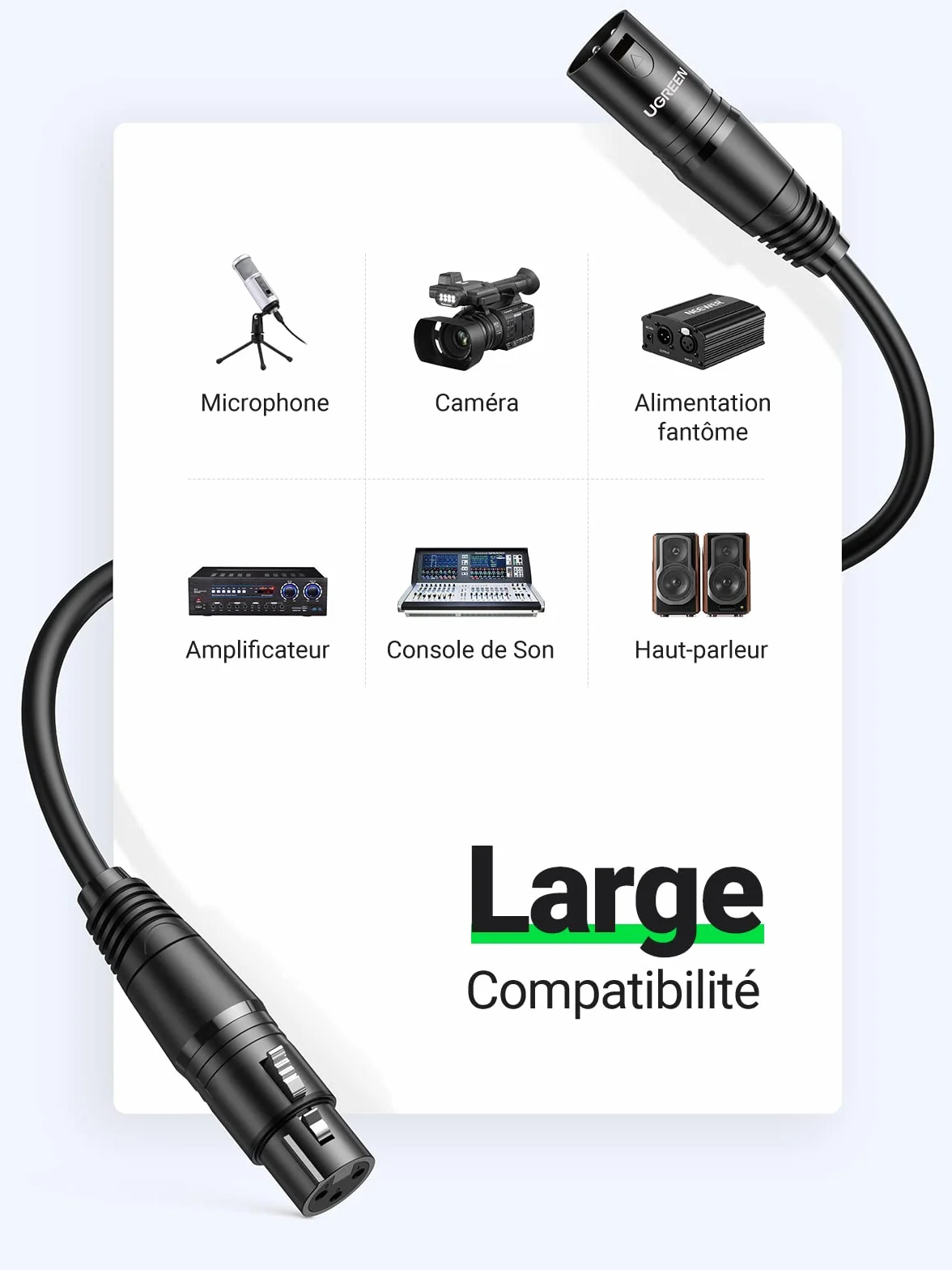 UGREEN Câble XLR Mâle vers Femelle 2M pour Microphone Table de Mixage Enceinte
