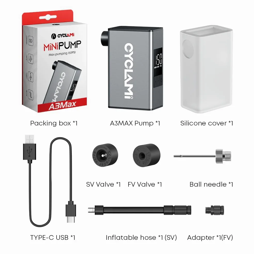 A3MAX Mini pompe à vélo électrique max 150 PSI avec manomètre, arrêt automatique, avec valve Presta et Schrader pour vélo électrique, VTT, vélo de ville et vélo de route