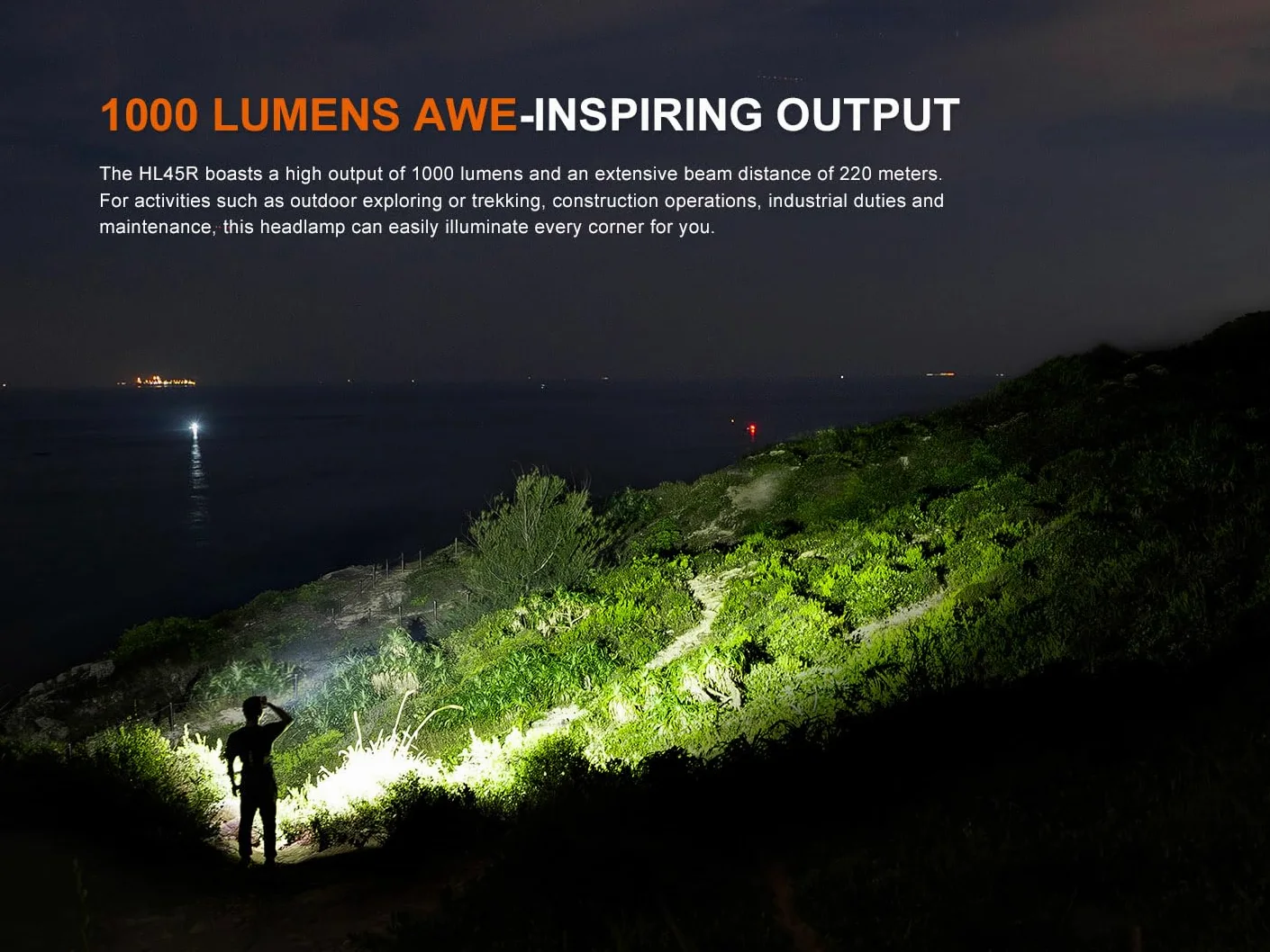 Fenix HL45R Lampe frontale LED rechargeable, 1000 lumens, zoom clair, 220 m, rechargeable USB-C, 3 piles AAA Dual Fuel, détection des gestes, commande rotative, lampe frontale étanche IP66, camping
