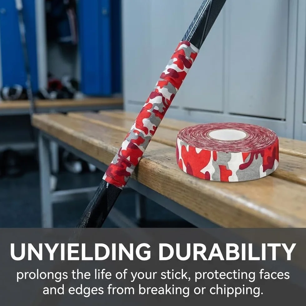 Ruban Adhésif Hockey 25m x 2,5cm Camouflage Rouge - Tape Coton Résistant au Froid Antidérapant