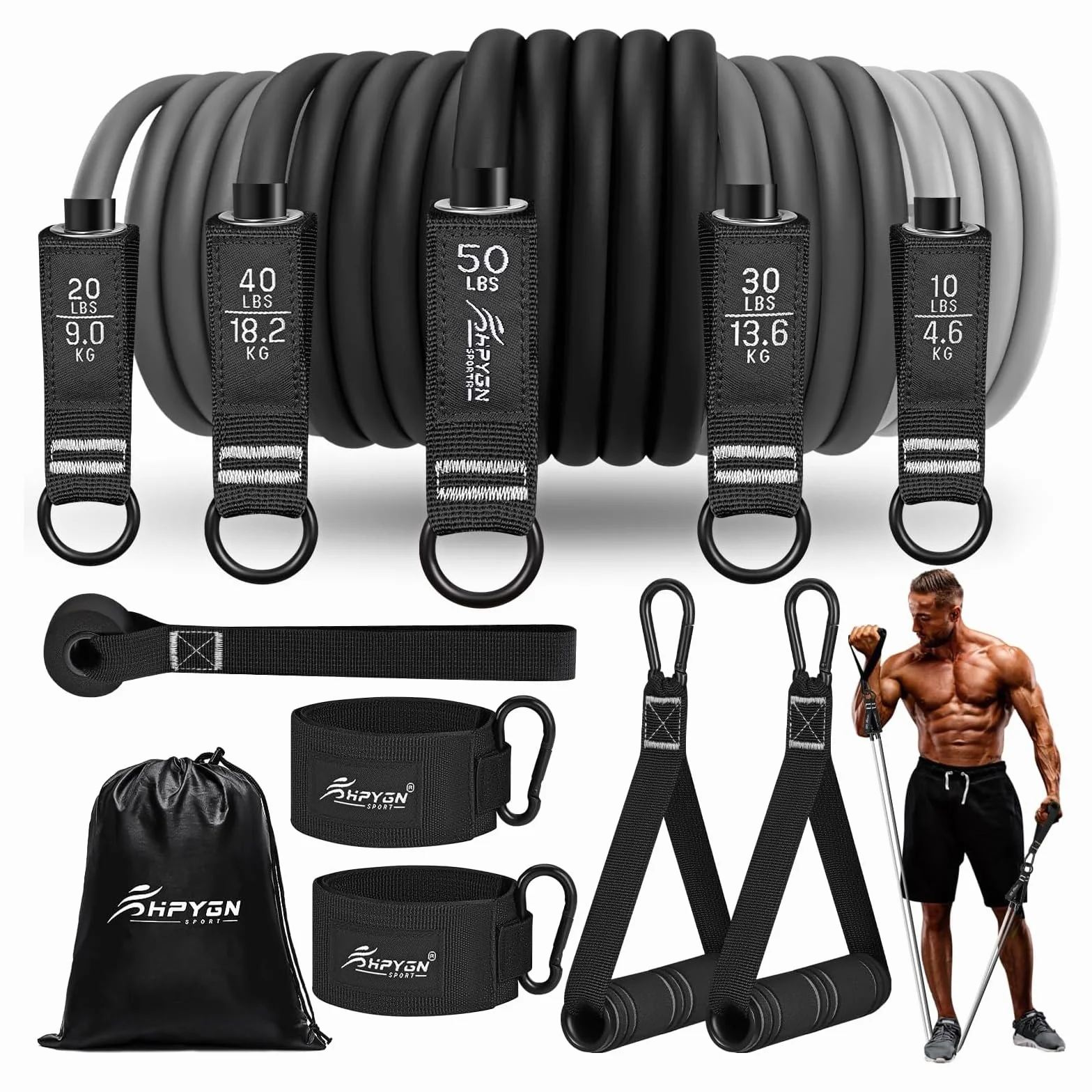 Bande Élastique Fitness Lot de 5 avec Poignées Sangles de Cheville et Ancre de Porte - Kit Complet Musculation Pilates Yoga