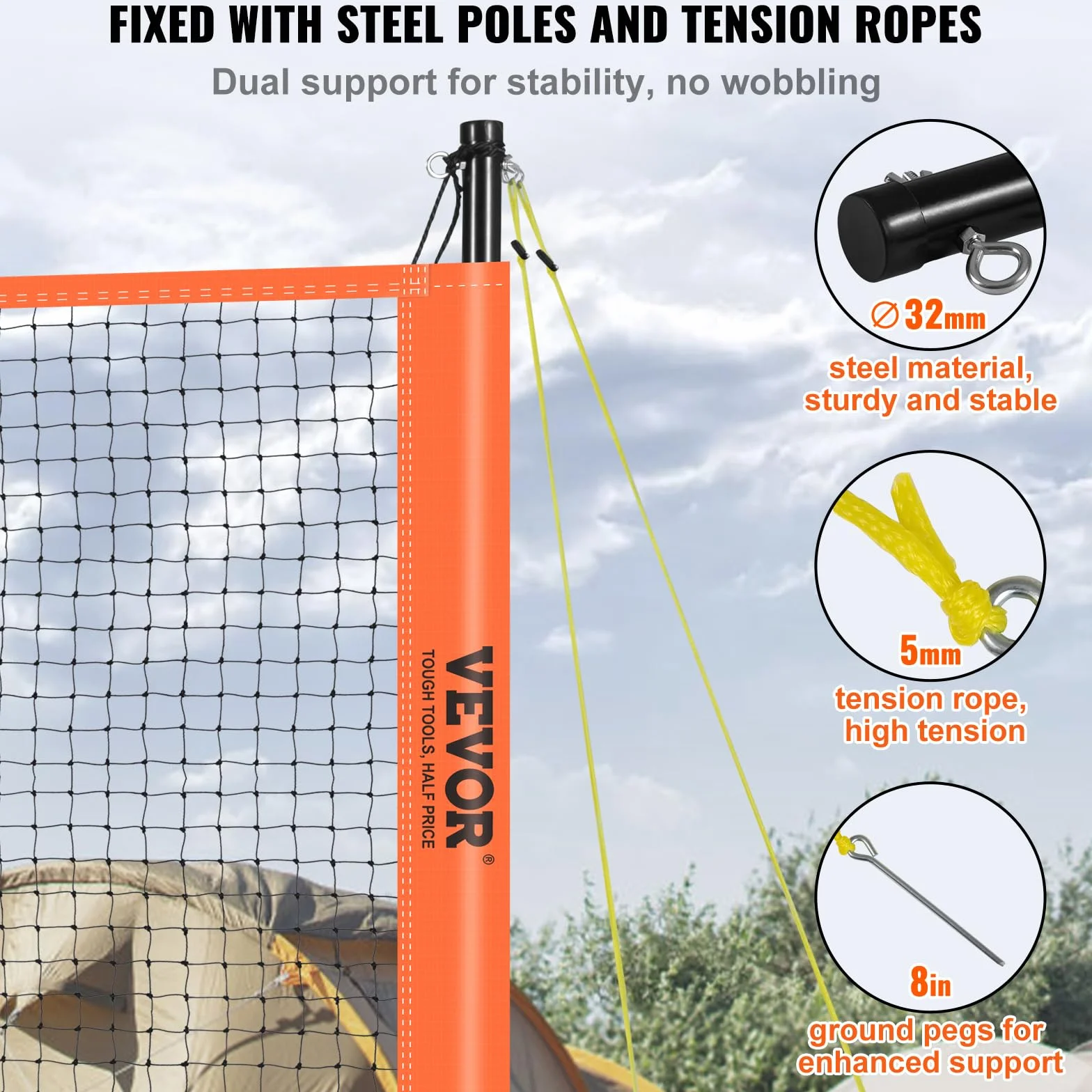 VEVOR Ensemble de Volley-Ball et Badminton, Filet Portable d'Extérieur, Poteaux en Acier Hauteur Réglable, pour Pelouse Plage Jardin