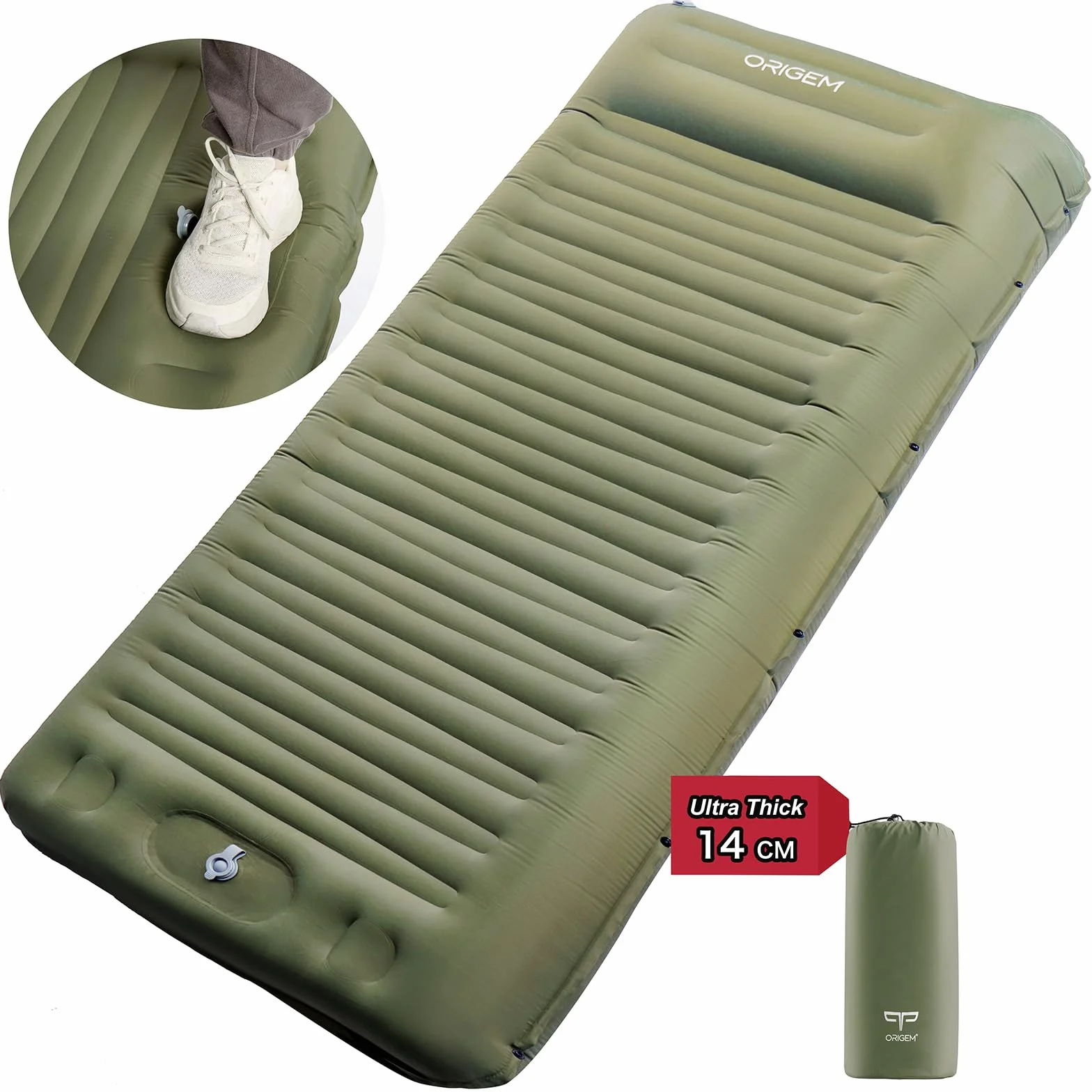 Origem Matelas Camping Autogonflant Ultra Léger 14cm avec Pompe à Pied et Oreiller pour Tente Randonnée