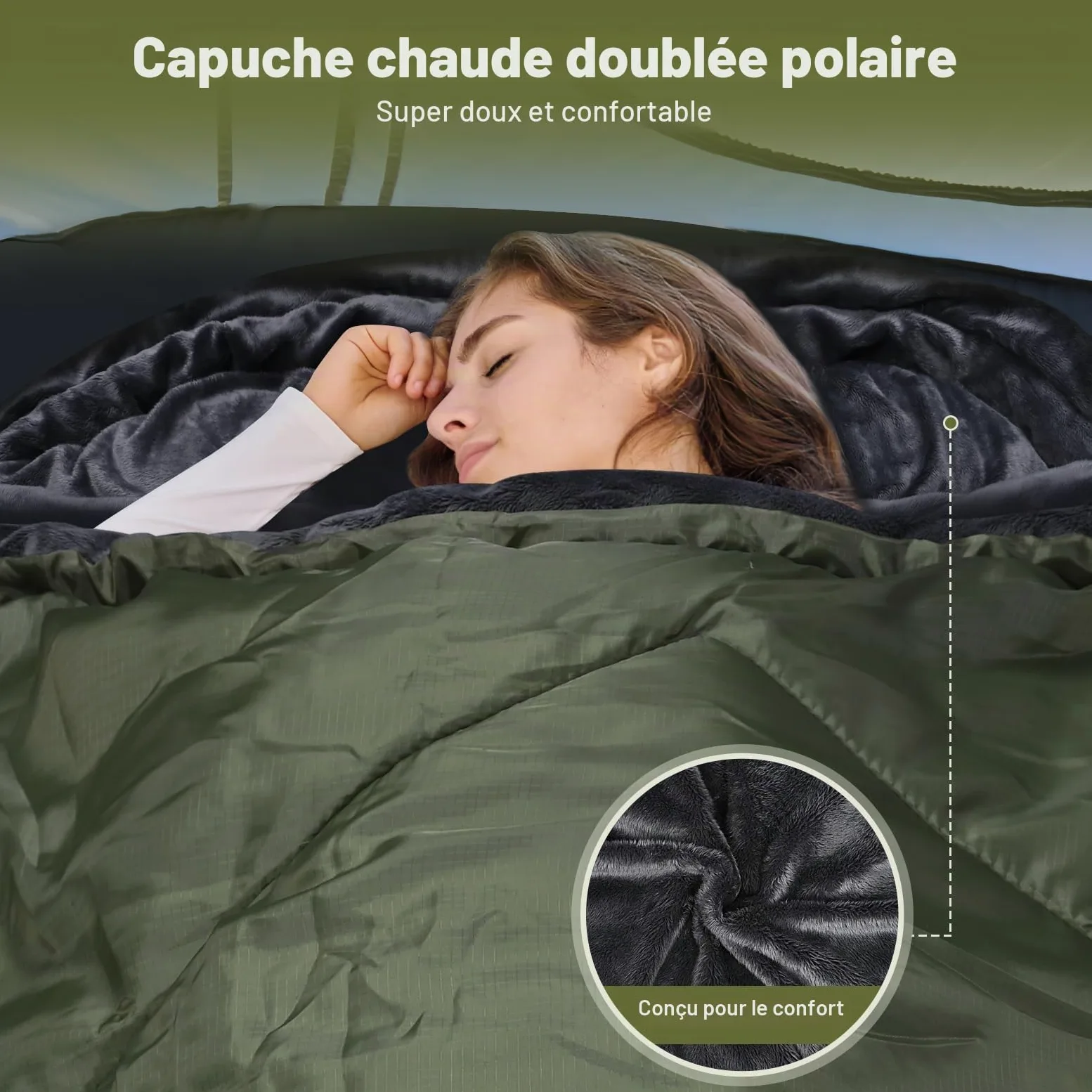 Sac de couchage en flanelle de coton avec capuche doublée en polaire, sac de couchage imperméable XL pour adultes, sac de couchage par temps froid, pour camping, randonnée ou randonnée, 3 à 4