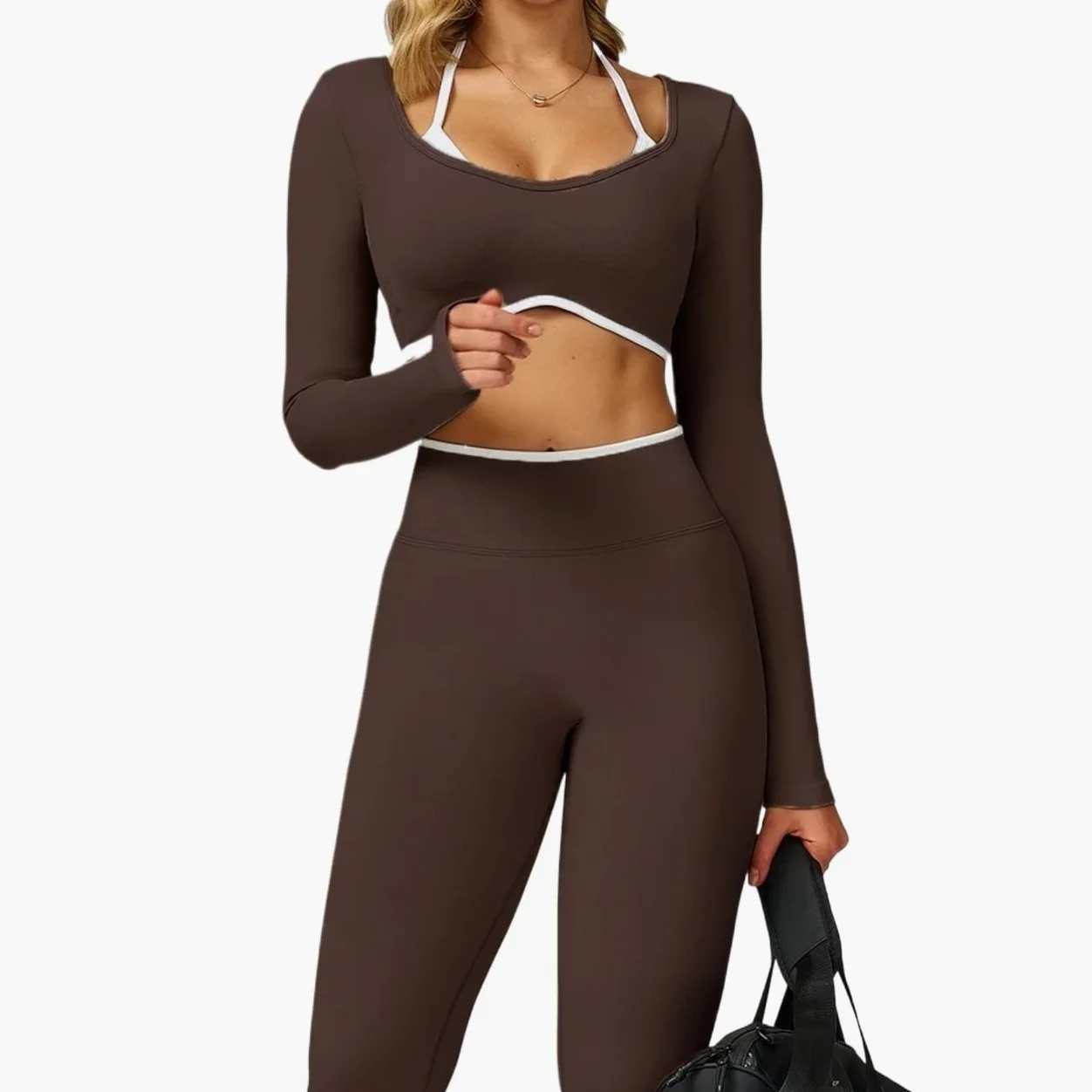 Ensemble Yoga Femme Haut Court de Yoga for Femmes, 2 pièces, Gilet à Manches Longues, Dos Ouvert, Chemises Fitness avec Coussinets, Haut d'entraînement sans Couture