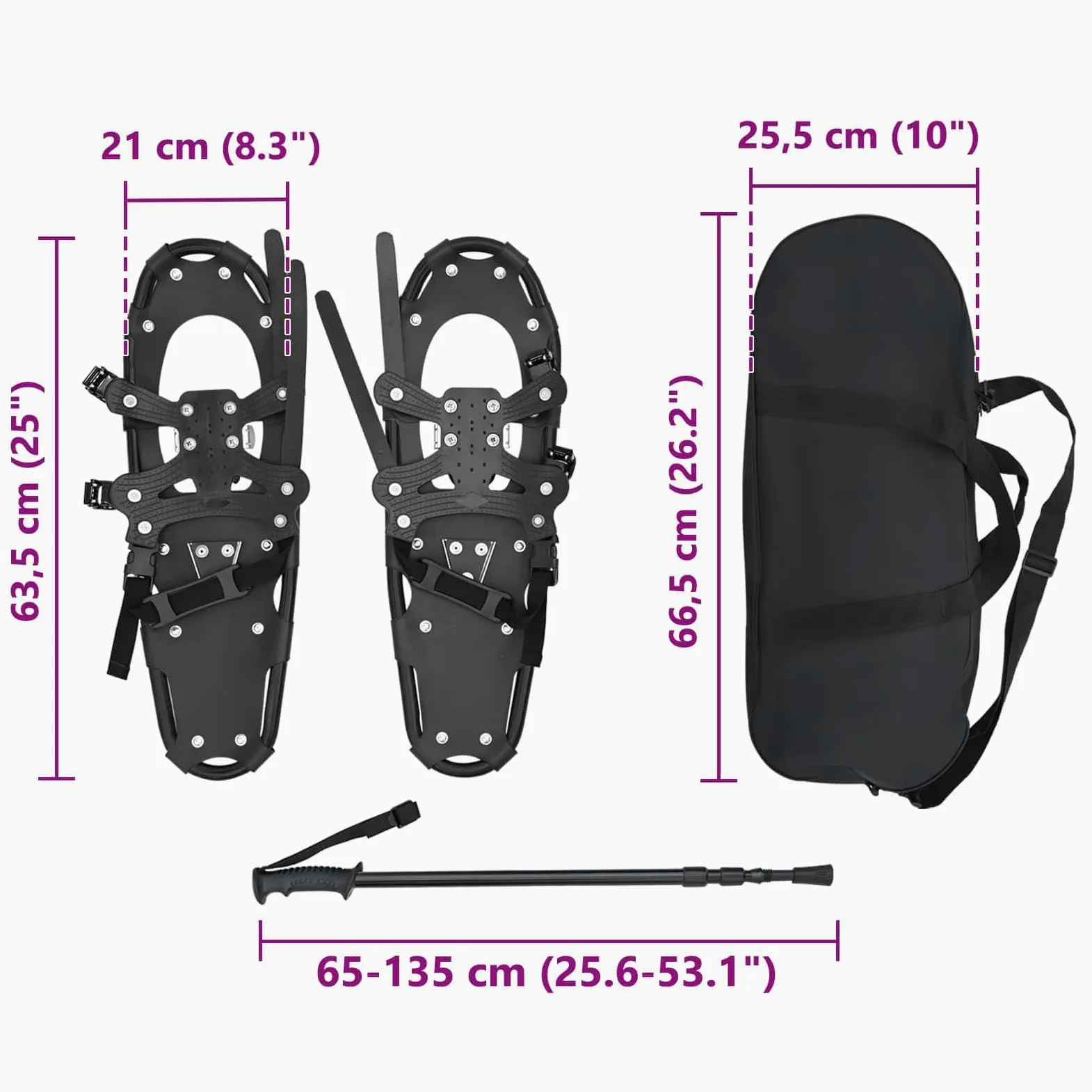 Lot de raquettes à neige avec bâtons de randonnée réglables et sac de transport, cadre en aluminium, raquettes à neige antidérapantes pour pointures 38-48, argenté/noir