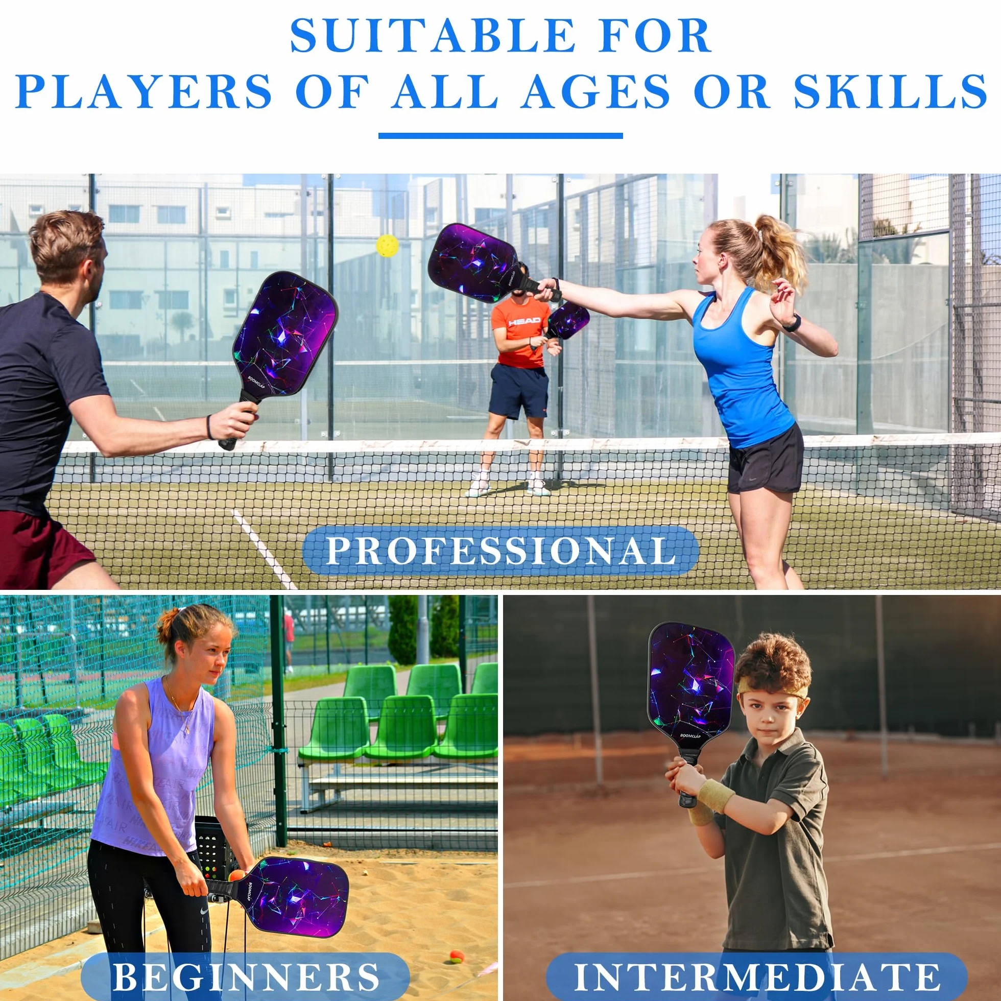 Boîte de 2 raquettes de pickleball en fibre de verre avec 4 balles et sac de transport violet