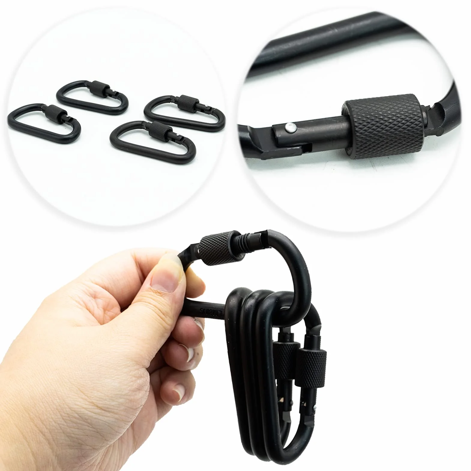 Mousqueton Tactique en Alliage d'Aluminium - Porte-clés Noir avec Verrouillage à Vis - 4 Pièces, 8 cm