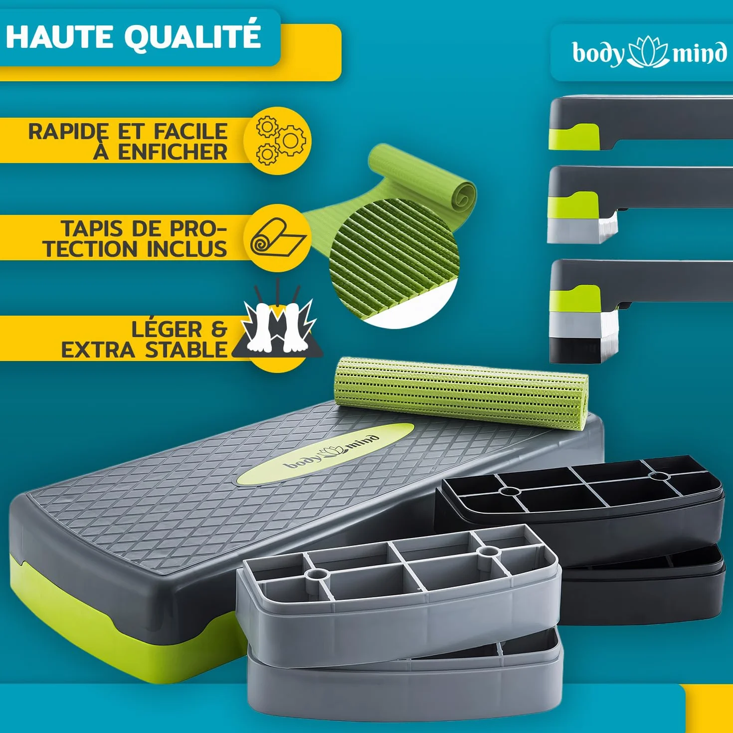 Body & Mind Stepboard aérobic Deluxe 2-étapes Stepper Step-Bench avec tapis antidérapant