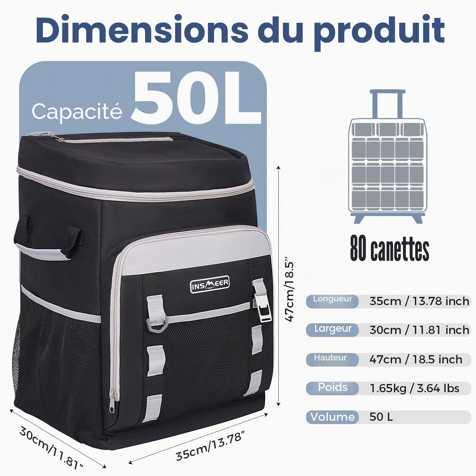 Sac isotherme à roulettes 50 L/80 canettes - Grand sac isotherme pliable et imperméable - Pour la plage, le camping, le pique-nique, le shopping