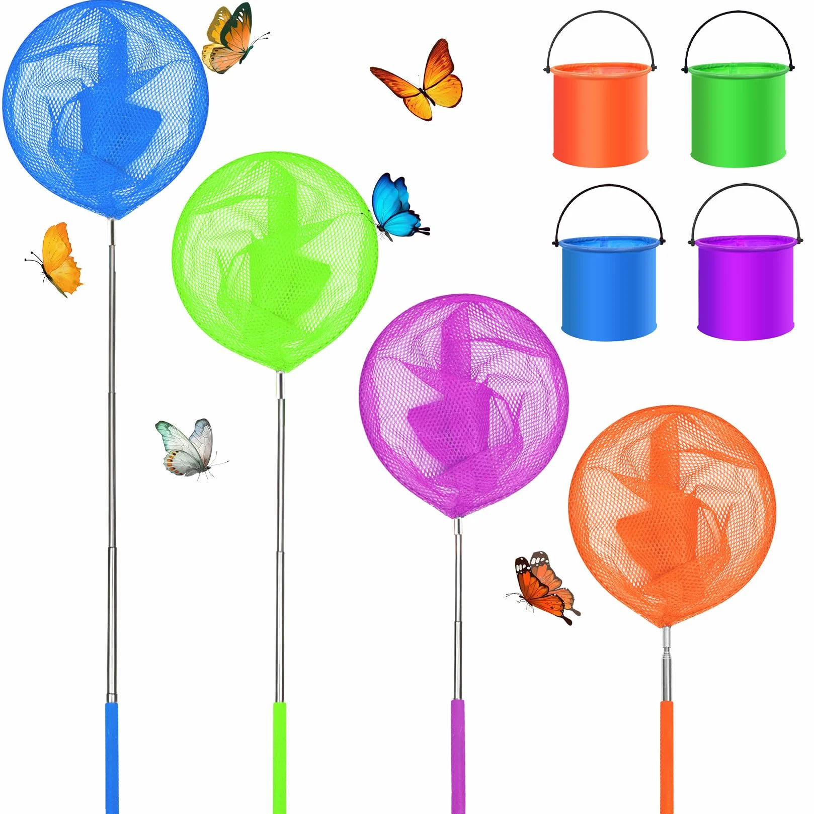 Épuisette télescopique Lot de 4 Épuisettes et 4 Seaux Pliables Filet à Papillons Pêche Extérieur