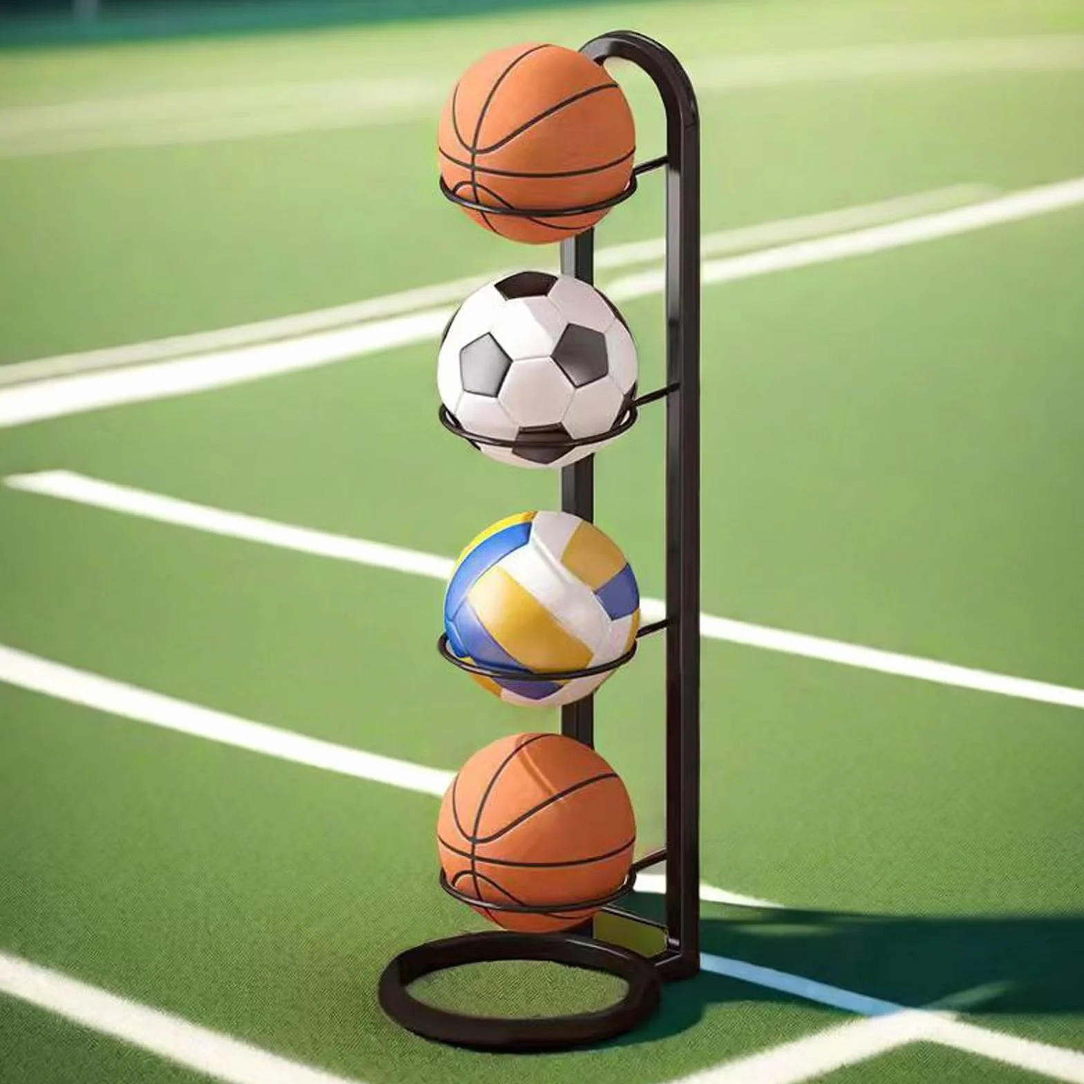 Support Ballon Foot 4 Niveaux, Support Ballon Vertical Amovible, Porte Ballon Basket pour Football, Basketball, Volleyball et Rugby (Noir)