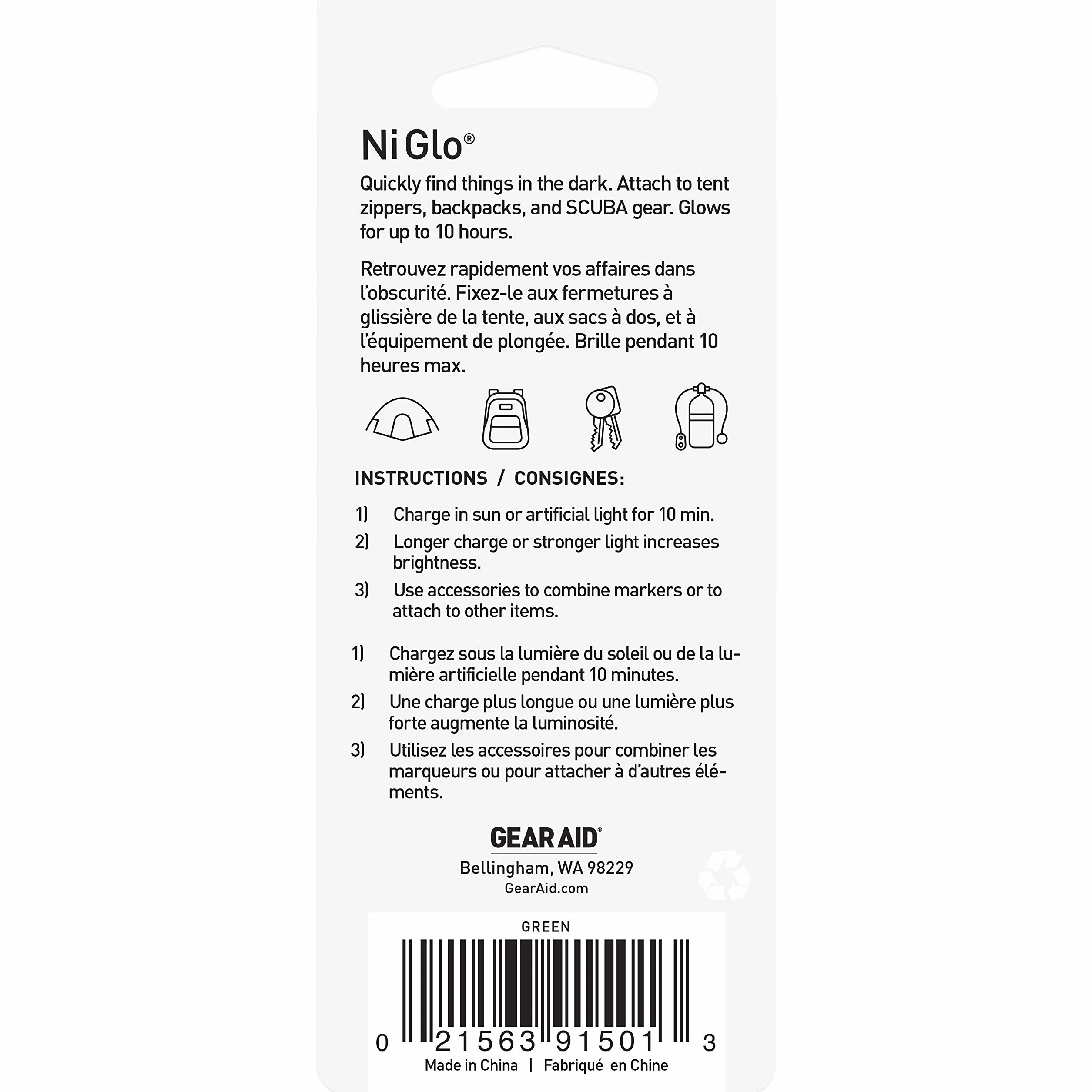 GEAR AID Ni Glo unisexe, porte-clés lumineux de 5 cm pour camping, SCUBA et pêche de nuit, vert, 5 cm