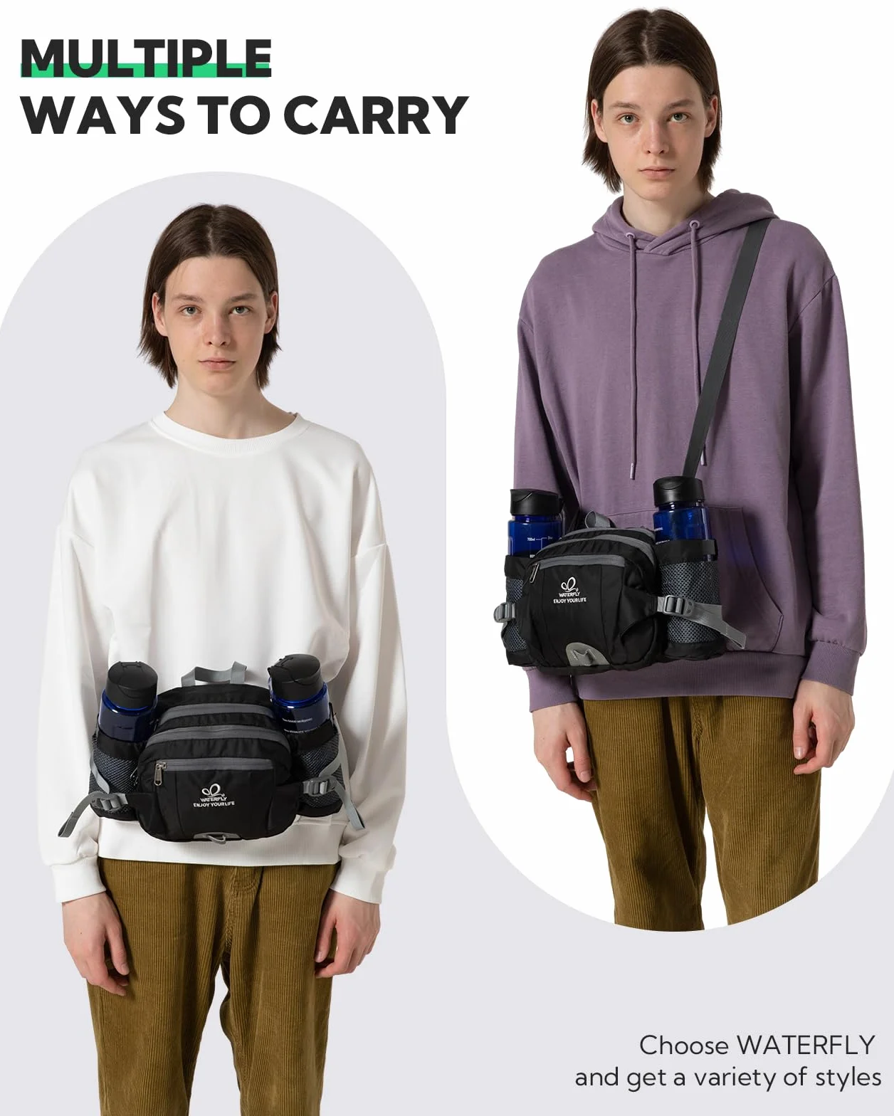 Waterfly Sac Banane Porte Bouteille Sac Ceinture Banane Homme Femme pour Sport Voyage Randonnée Cyclisme
