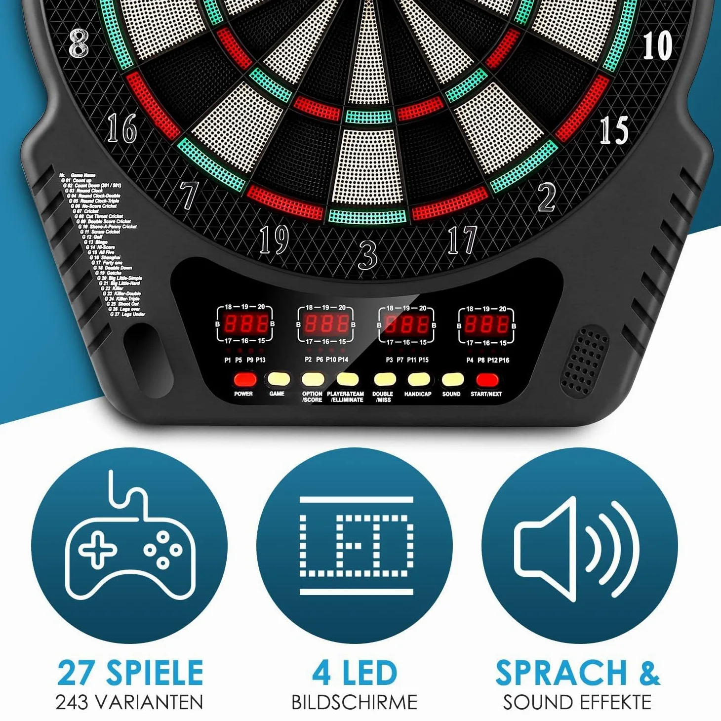 Jeu de fléchettes électronique, Plateau de fléchettes numérique pour jusqu'à 16 Joueurs, 27 Jeux avec 243 Options de Jeu pour fêtes et soirées Jeux DB2606