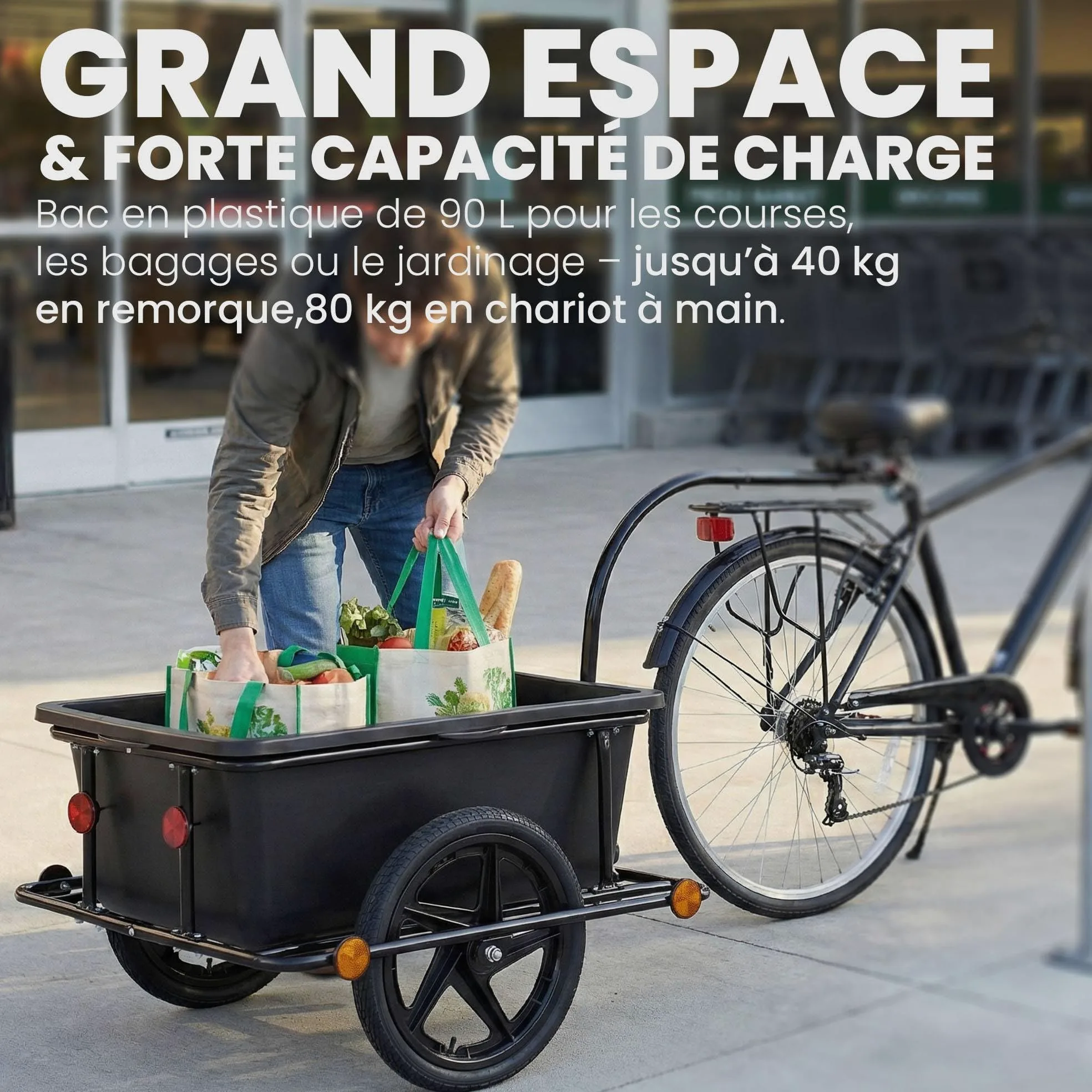 CLP Remorque Velo Cargo Haarlem, Chariot de Transport 2 en 1 avec Attelage & Bache, Cadre Acier Robuste, 80kg, pour Velos 26-28 Pouces, Couleur:Noir